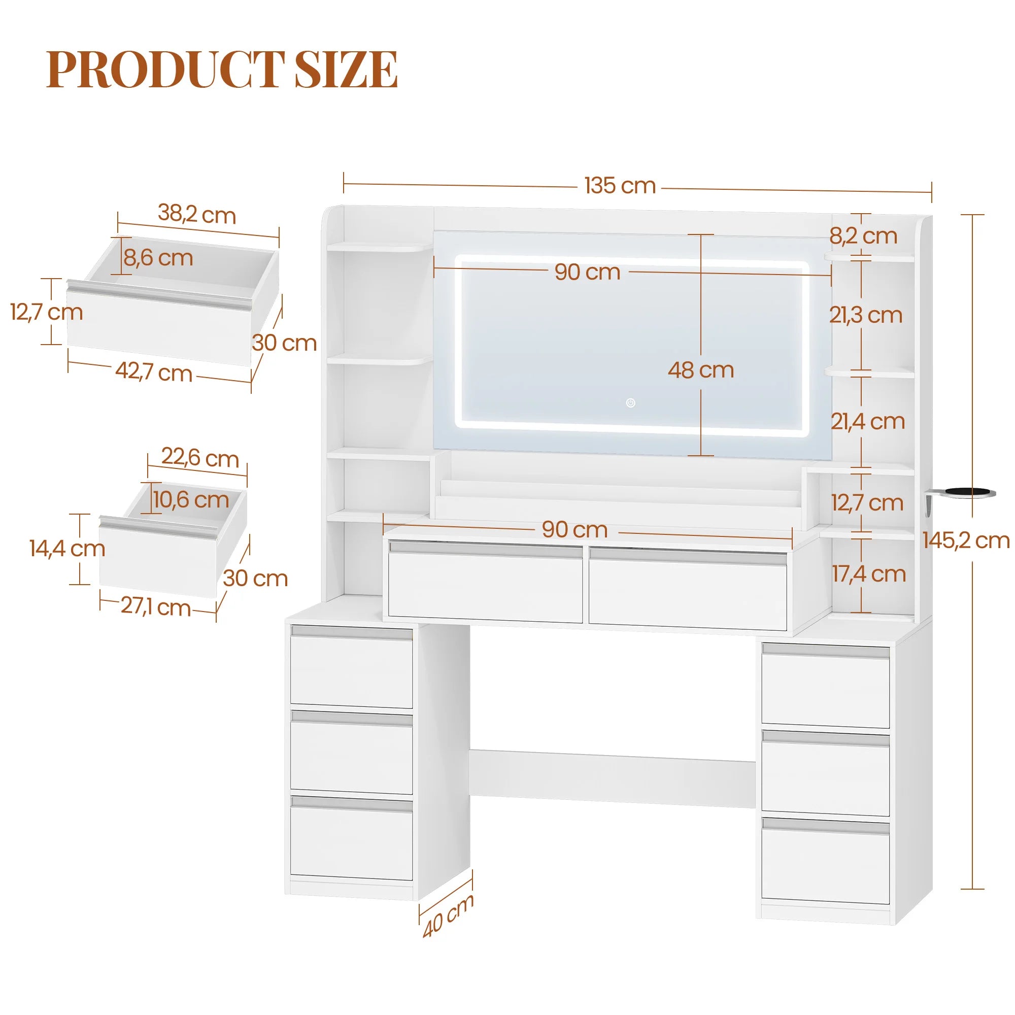 Kaptafel met Grote Spiegel en 8 Laden – Moderne Witte Make-up Tafel met Opbergruimte en Föhnhouder