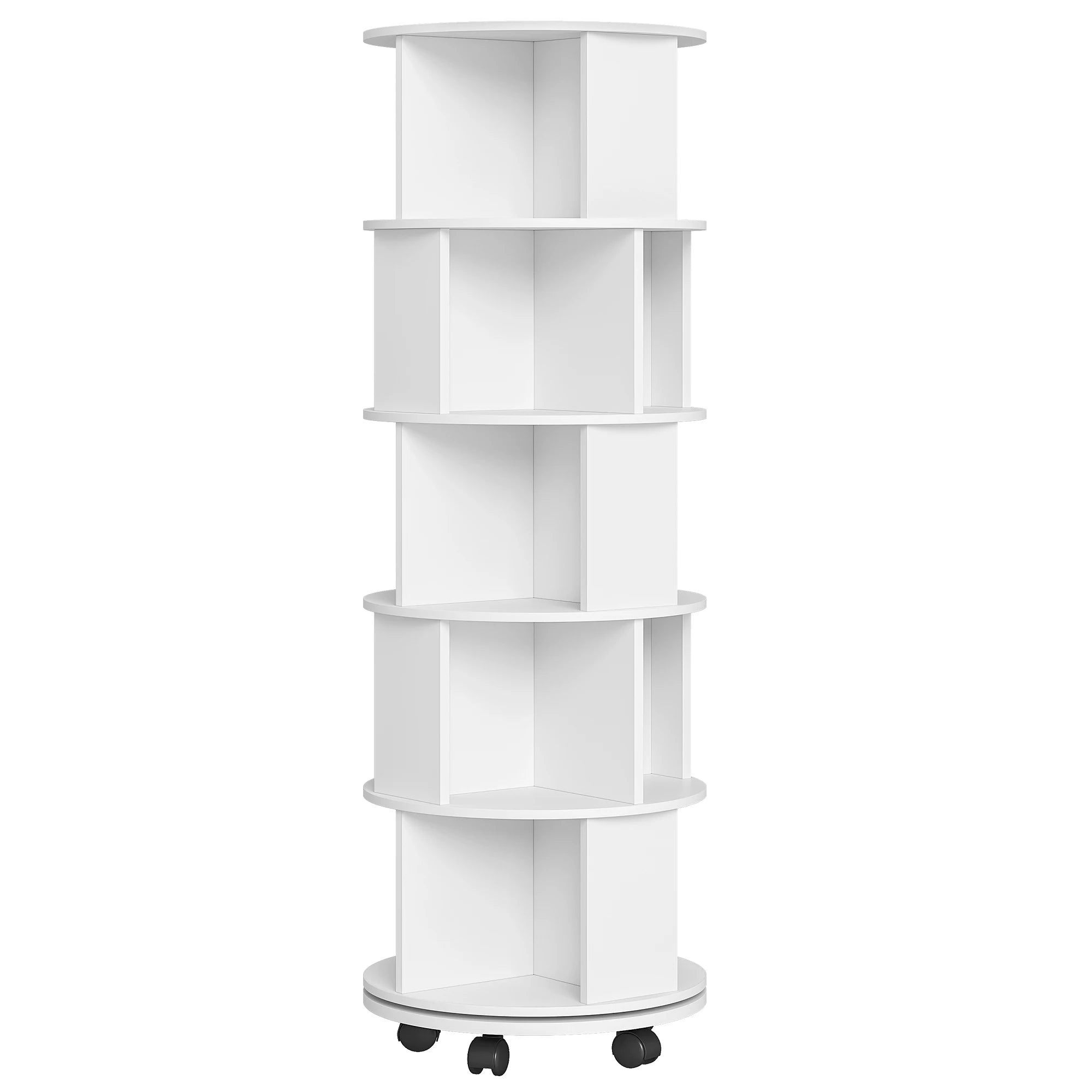 Draaibare Boekenkast 5‑Laags – 360° Roterend Boekenrek met Wielen – Wit