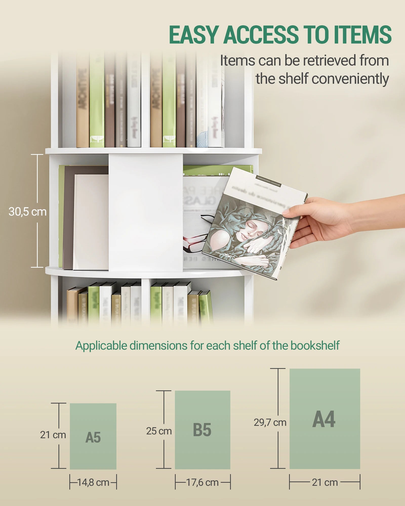 Draaibare Boekenkast 5‑Laags – 360° Roterend Boekenrek met Wielen – Wit