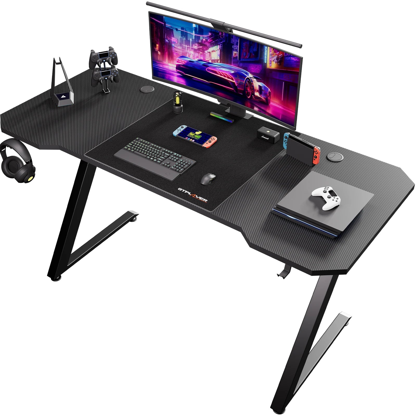 Gaming Bureau 120x60 cm met LED Verlichting & Stopcontact – Carbon Fiber Werkblad en Z-Frame