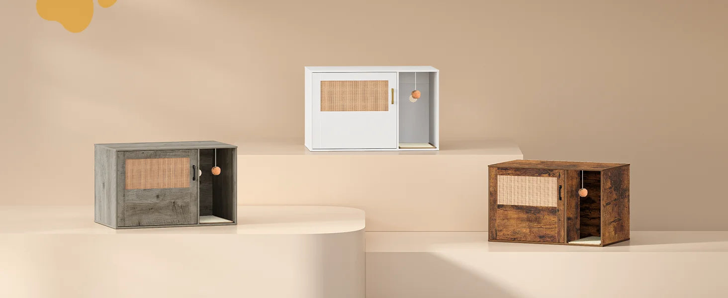Grijze Kattenkast met Rieten Deur – Verborgen Kattenbak & Stijlvol Kattenhuis met Opbergruimte