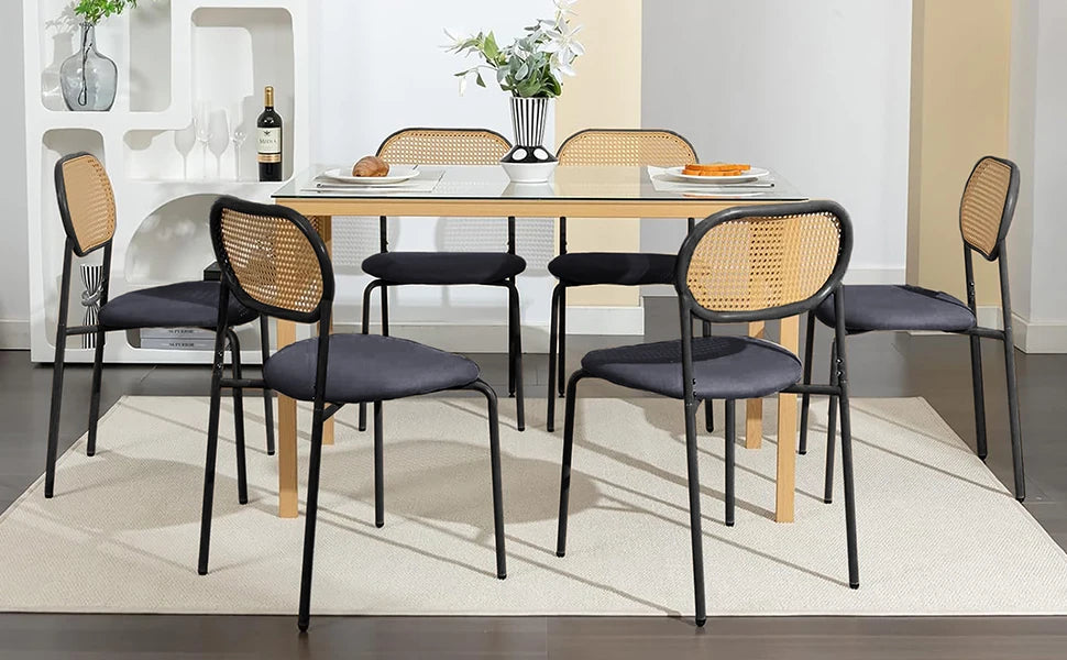 Retro Eetkamerstoelen Set van 2 met Rieten Rugleuning – Comfortabele Gestoffeerde Zitting, Stevig IJzeren Frame, Antislipvoetjes – Voor Keuken, Eetkamer & Terras