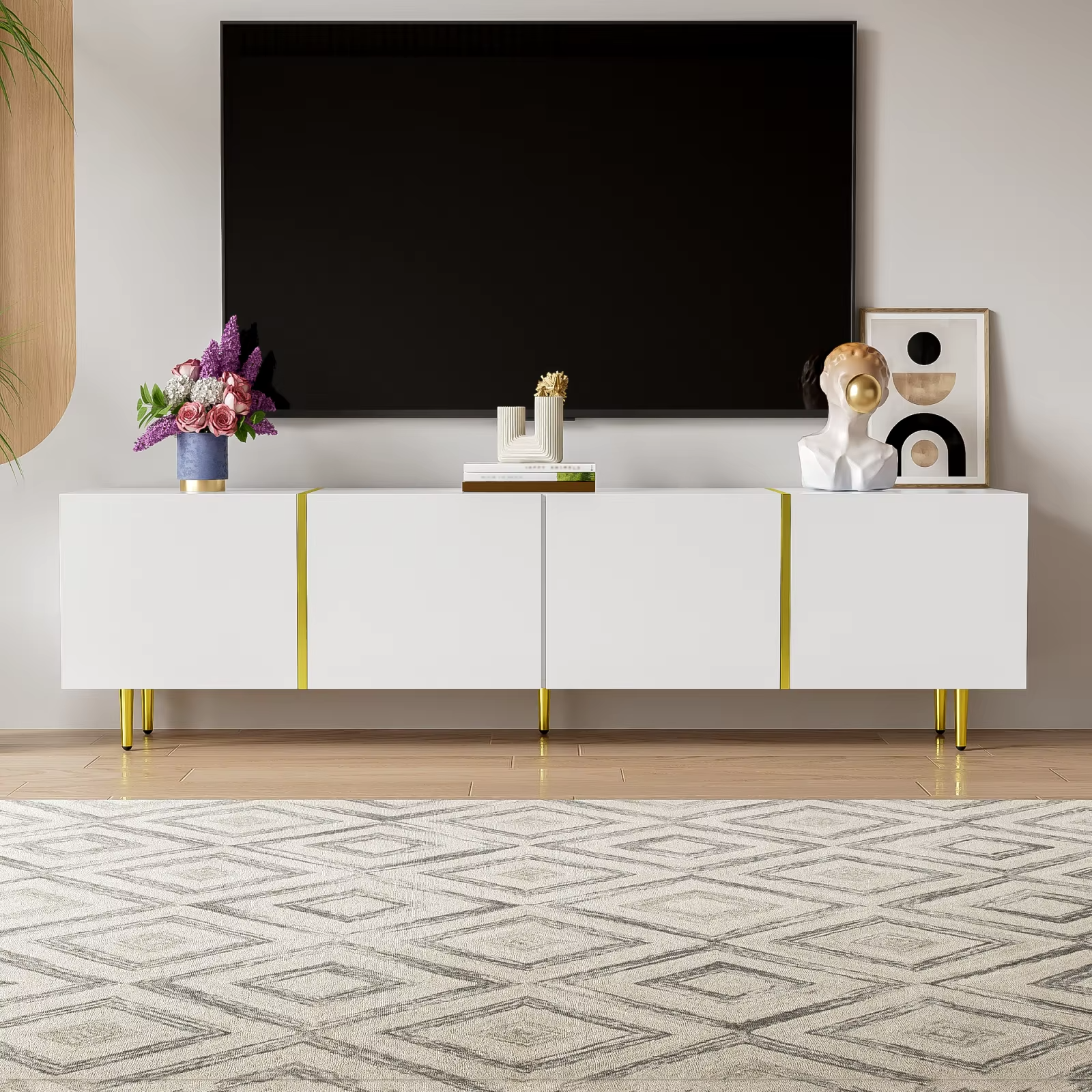 TV-Meubel Zwart Hoogglans met 4 Deuren – Moderne TV Kast met Opbergruimte en Gouden Accenten