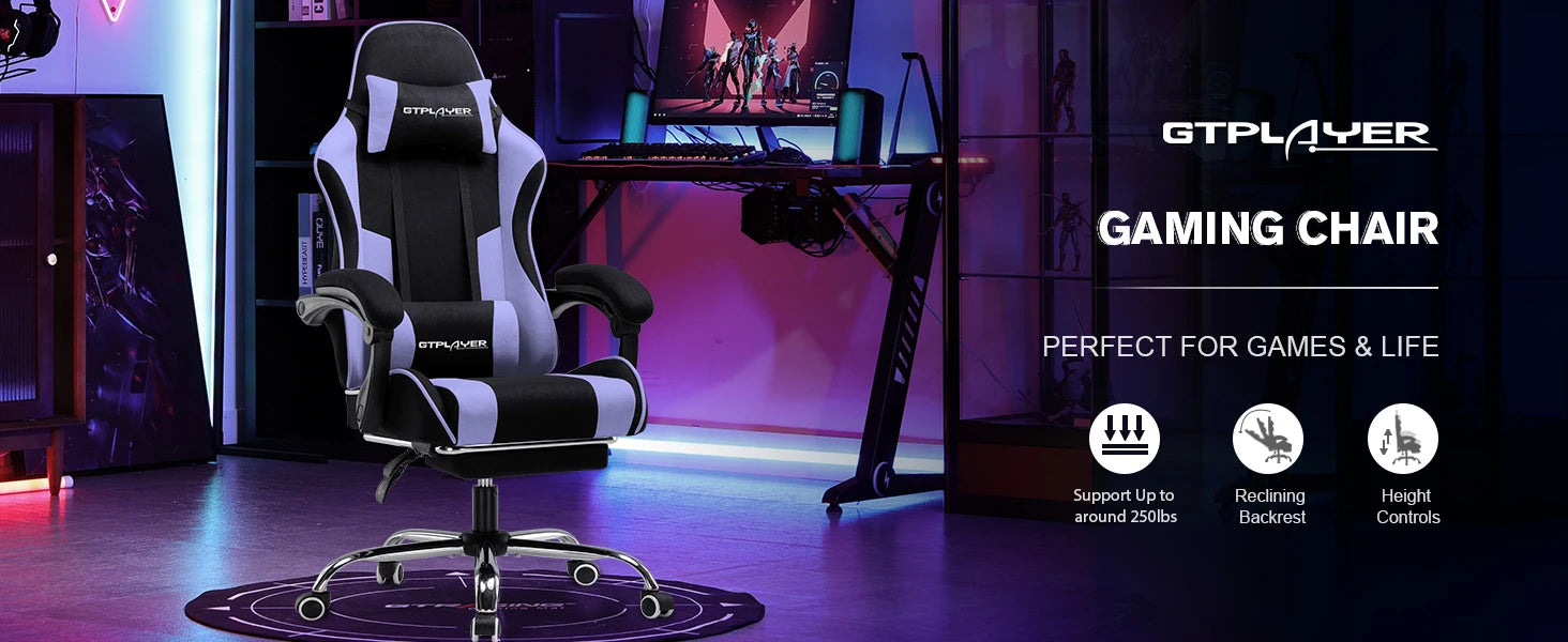 Ergonomische Gamingstoel met Voetensteun en Massage Lendenkussen – Stoffen Bureaustoel met Hoofdsteun