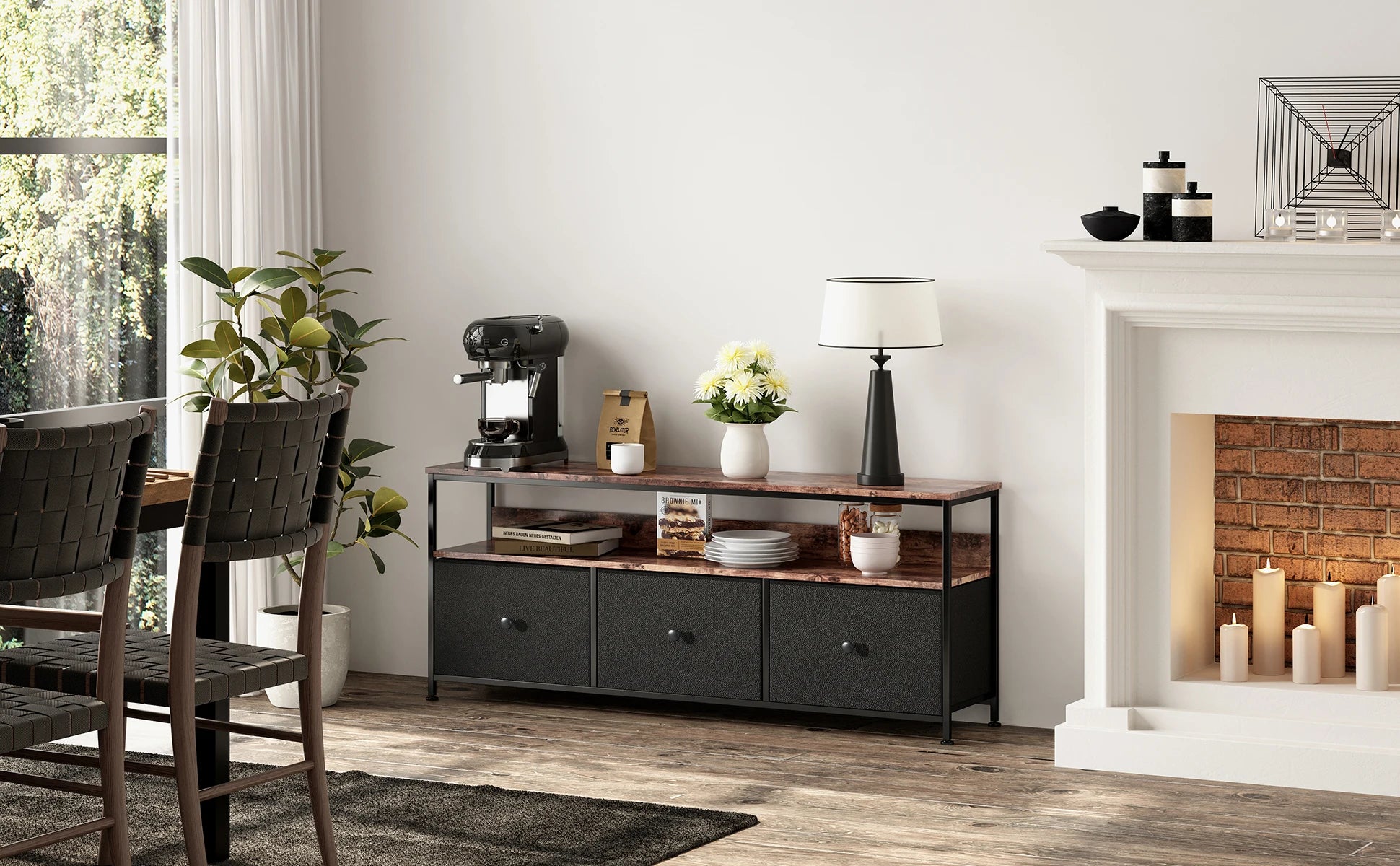 Vintage LED TV‑Meubel met 3 Stoffen Lades – Industrieel & Retro Design