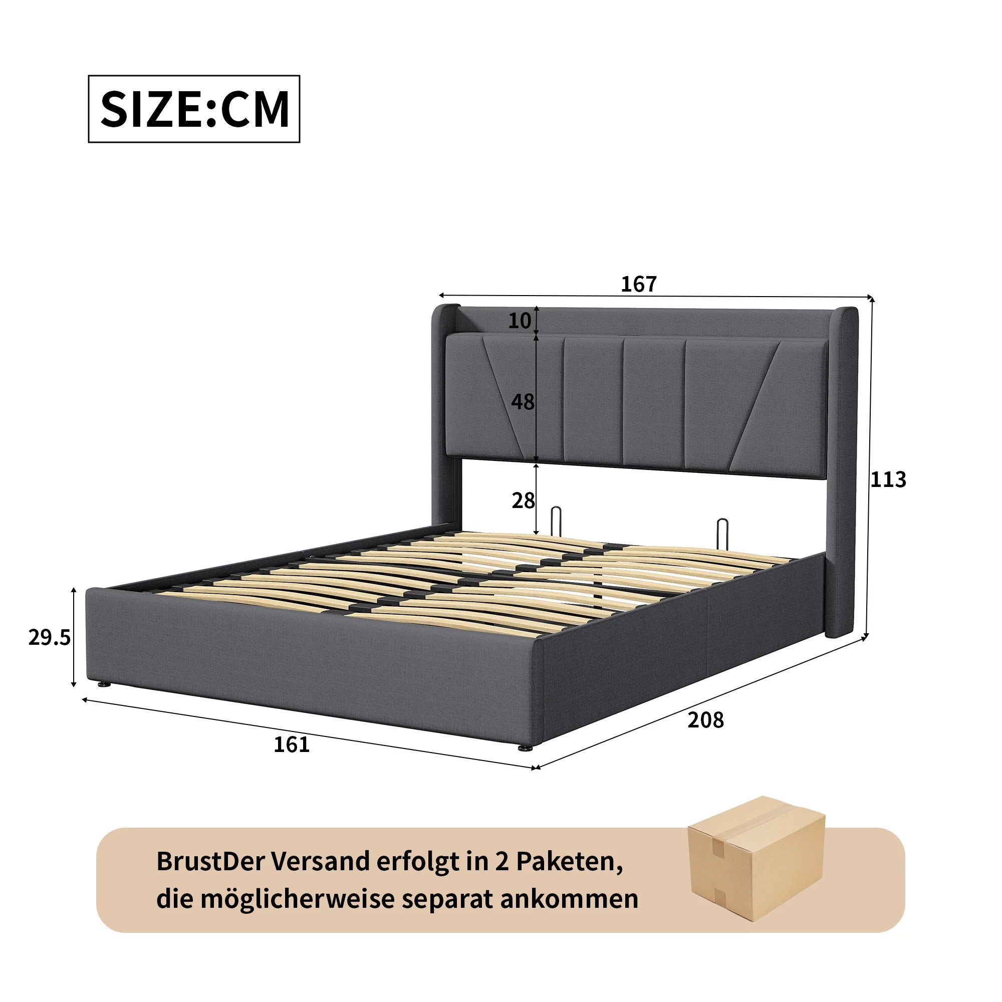 Tweepersoonsbed met Opbergruimte en USB‑Aansluiting – 140/160×200 cm – Gestoffeerd Bedframe