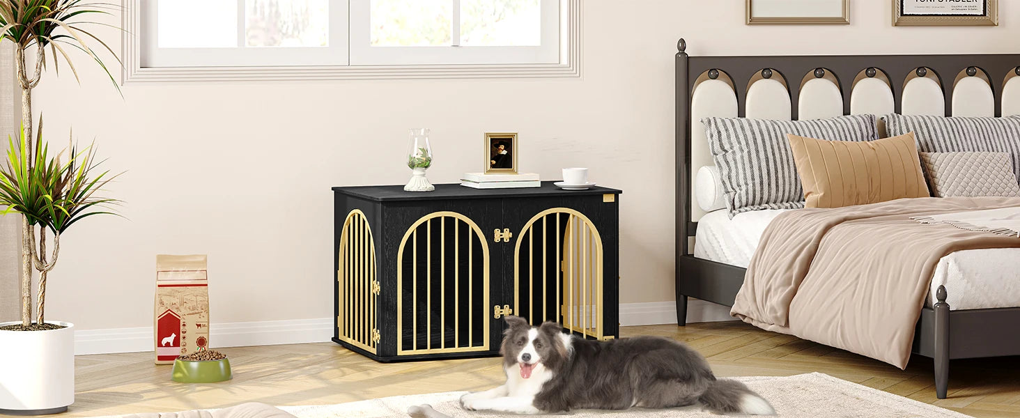 Houten Hondenbench Meubel 100 cm – Luxe Design Hondenkooi met 3 Deuren – Stevige Dog Crate voor Binnen – Bijzettafel & TV Meubel