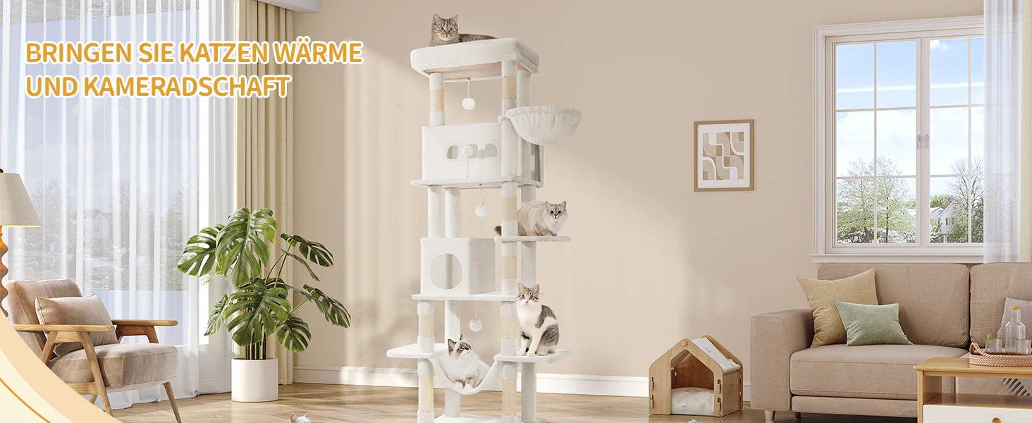 210 cm Grote Krabpaal Kattenboom – Luxe Multi-Level Kattenhuis met Krabpalen, Hangmat & Speelgoed voor Grote en Meerdere Katten