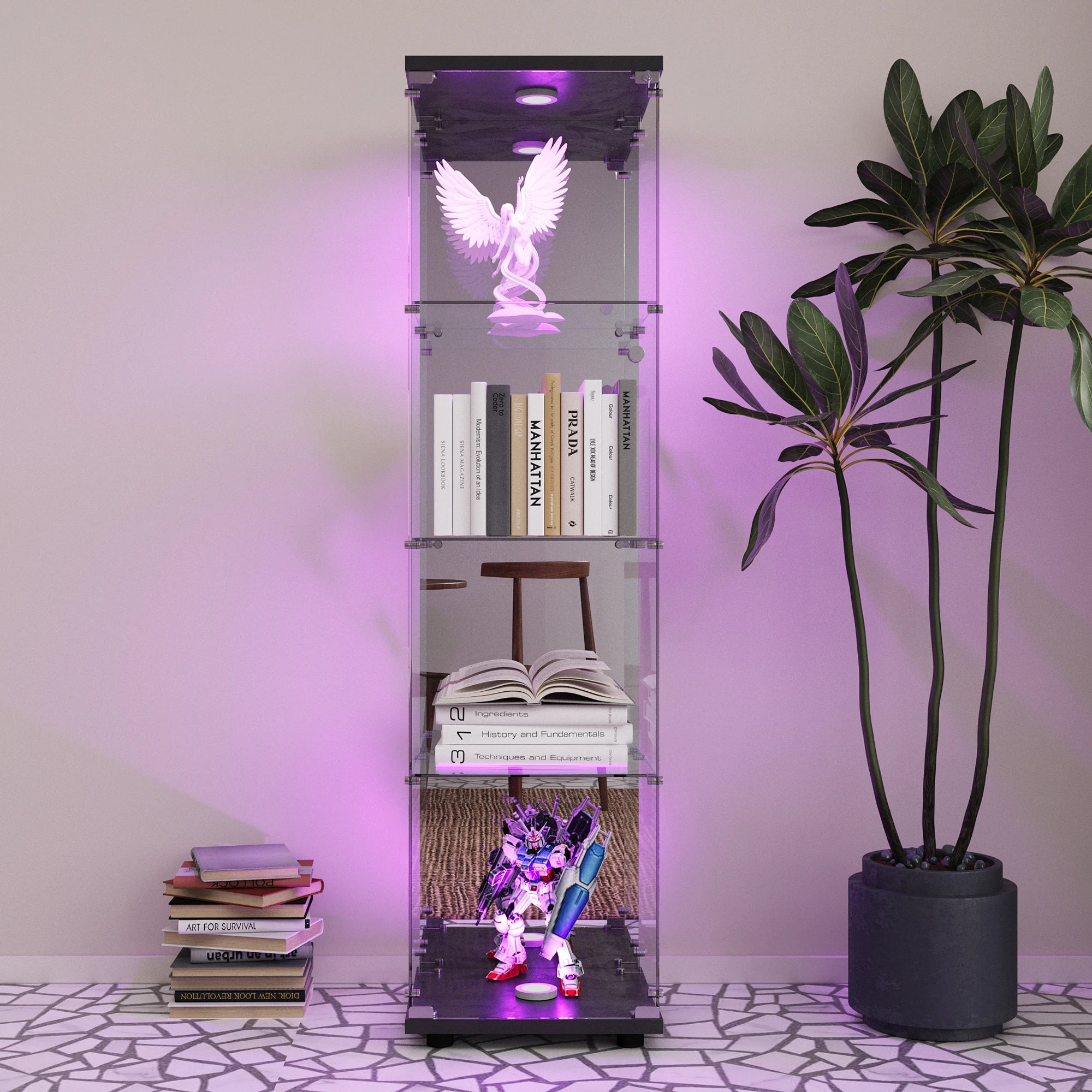 Staande LED Vitrinekast met 4 Niveaus – Moderne Displaykast voor Woonkamer & Slaapkamer