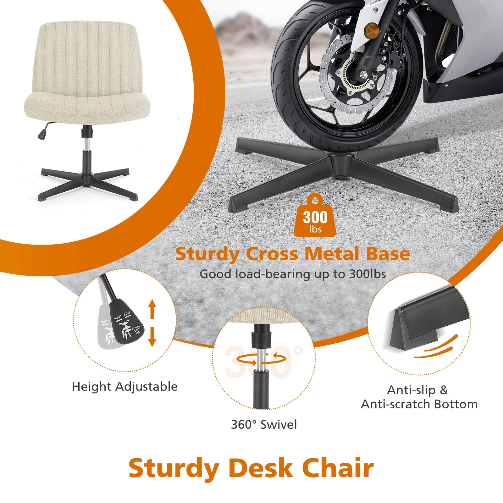 Brede verstelbare armloze draaistoel voor kantoor, woonkamer, gaming & bureau – comfortabele stof – 360° swivel