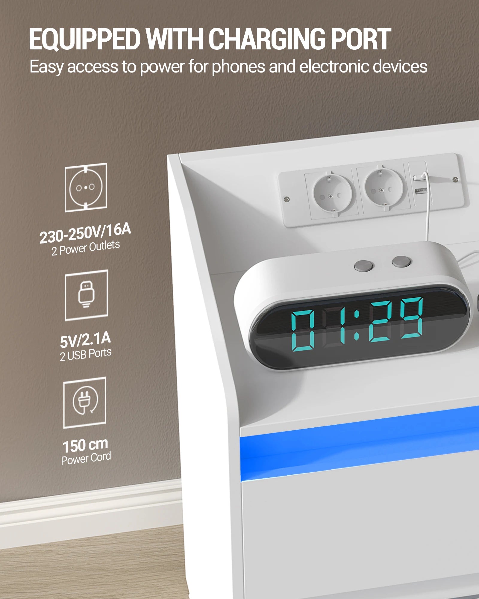 Nachtkastje met LED‑verlichting, Oplaadstation en 2 Lades – Modern Bedside Table