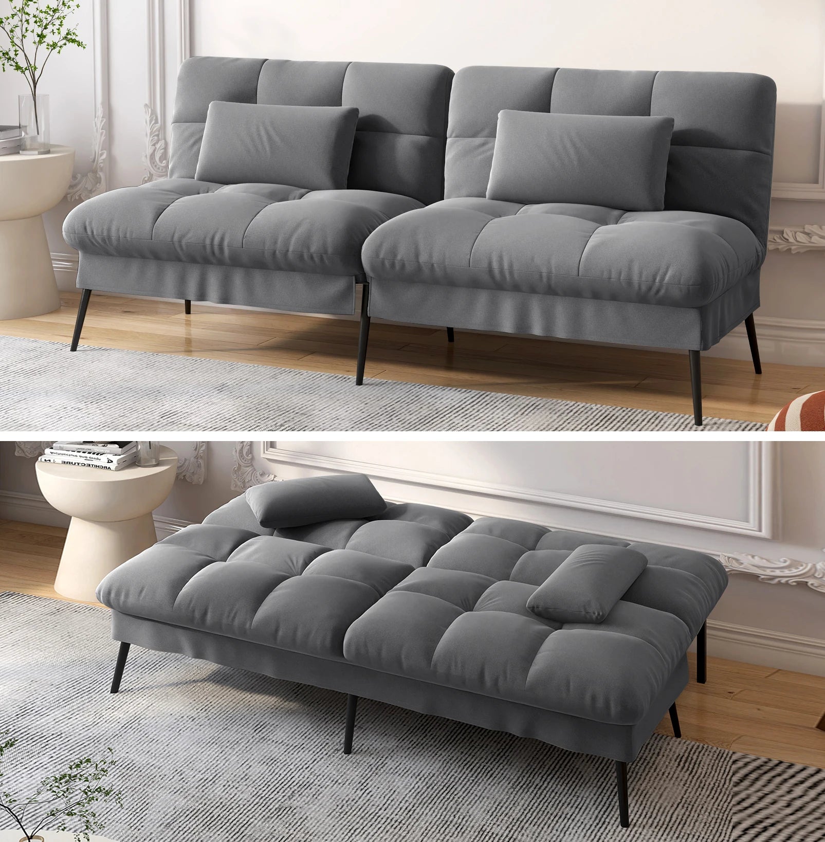3-Zits Opvouwbare Slaapbank – Futon Hoekbank met Verstelbare Rugleuning – Grijs Stoffen Sofa Bed