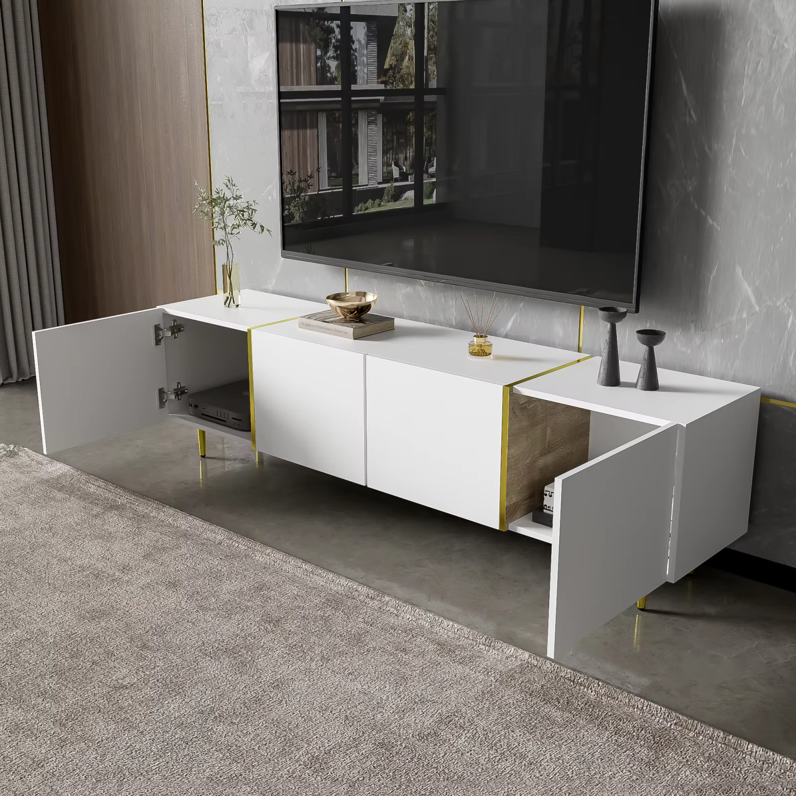 TV-Meubel Zwart Hoogglans met 4 Deuren – Moderne TV Kast met Opbergruimte en Gouden Accenten