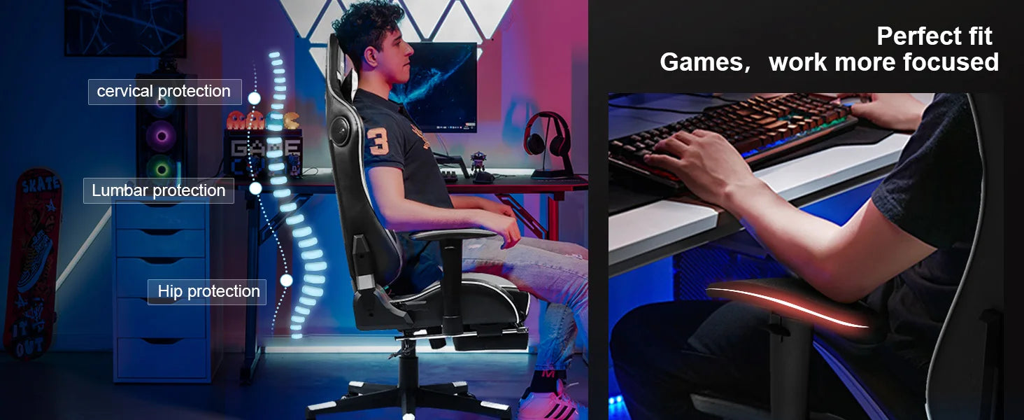 Gamingstoel met Bluetooth Speakers – Ergonomische Bureaustoel met Voetensteun en PU Leer (Recline 150°)