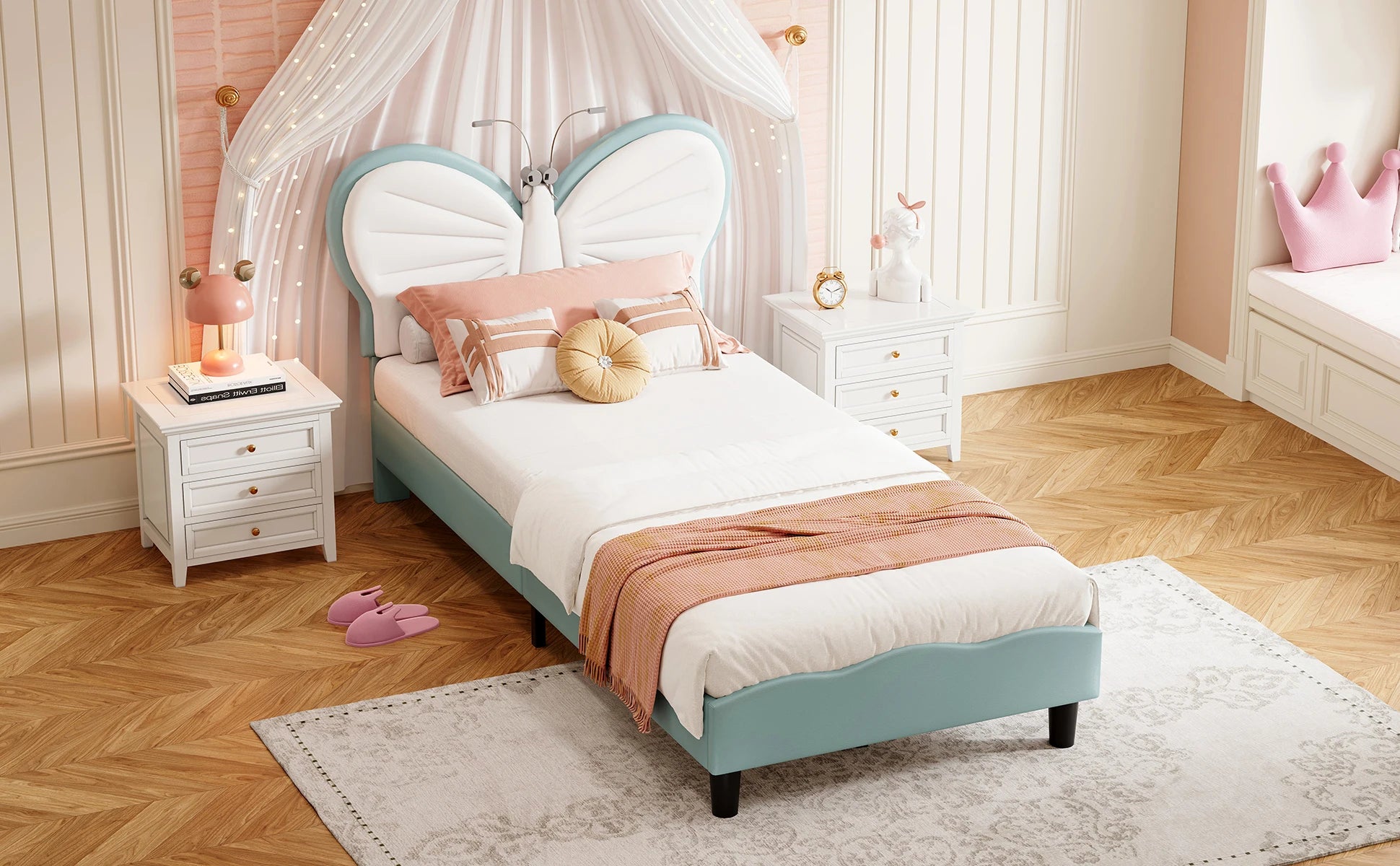 Kinderbed 90x200 cm verstelbaar hoofdeinde – meisjesbed met LED‑leeslampjes