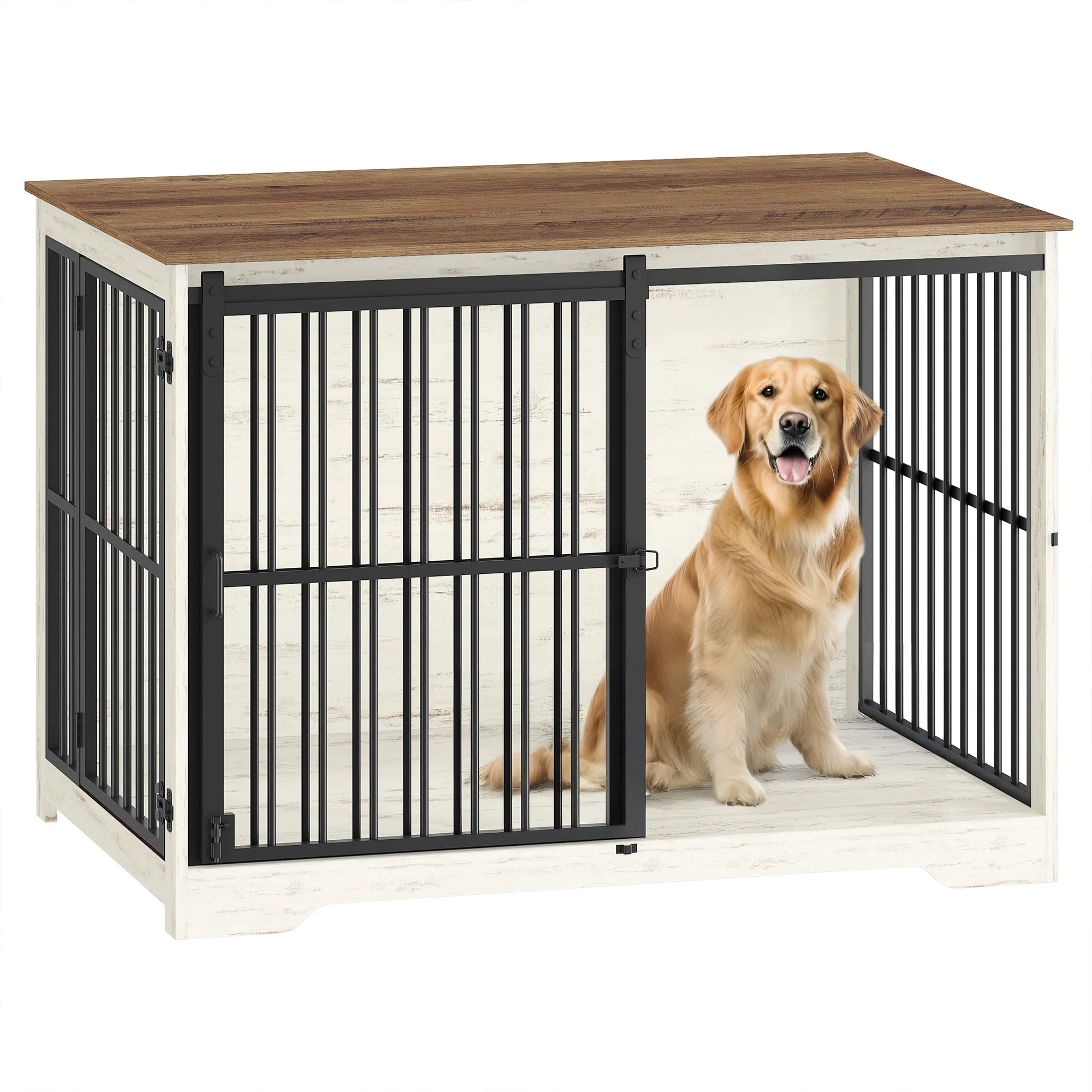 Houten Hondenbench Meubel XL met Schuifdeur – Design Hondenkooi voor Grote Honden – Industrieel Bijzettafel & Bench in Één