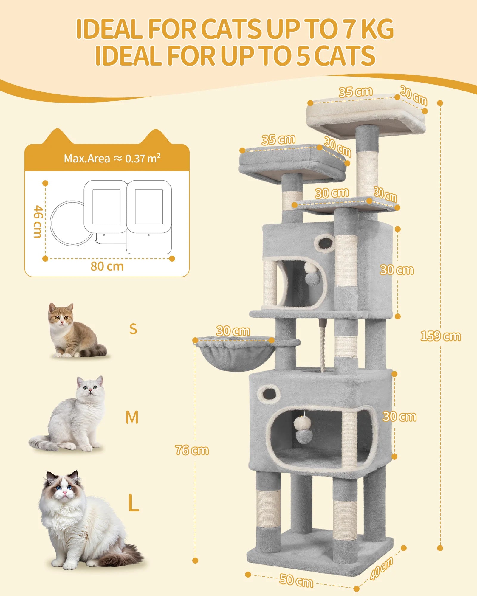 Kattenkrabpaal 159 cm met Meerdere Niveaus – Grote Kattenboom met 2 Huisjes, Platforms, Mand & Sisal Krabpalen voor Binnenkatten