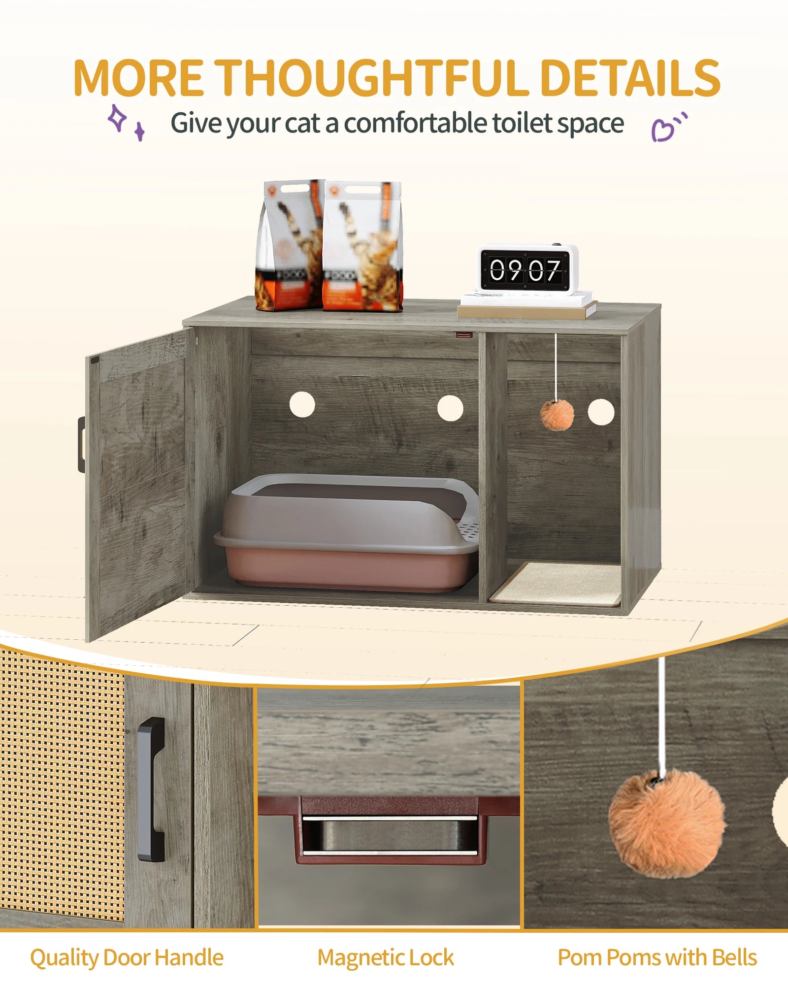 Grijze Kattenkast met Rieten Deur – Verborgen Kattenbak & Stijlvol Kattenhuis met Opbergruimte