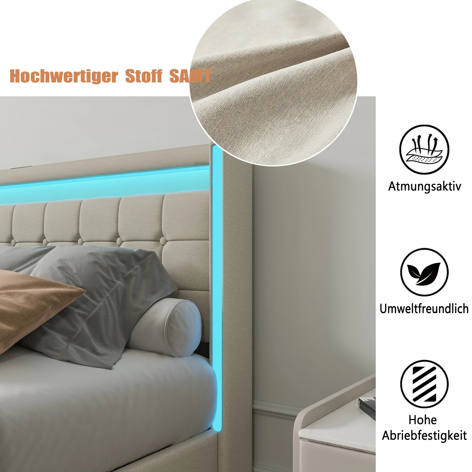 Linnen Bed 140-160x200 cm met Opberglades, LED Verlichting & USB Oplaadpoorten