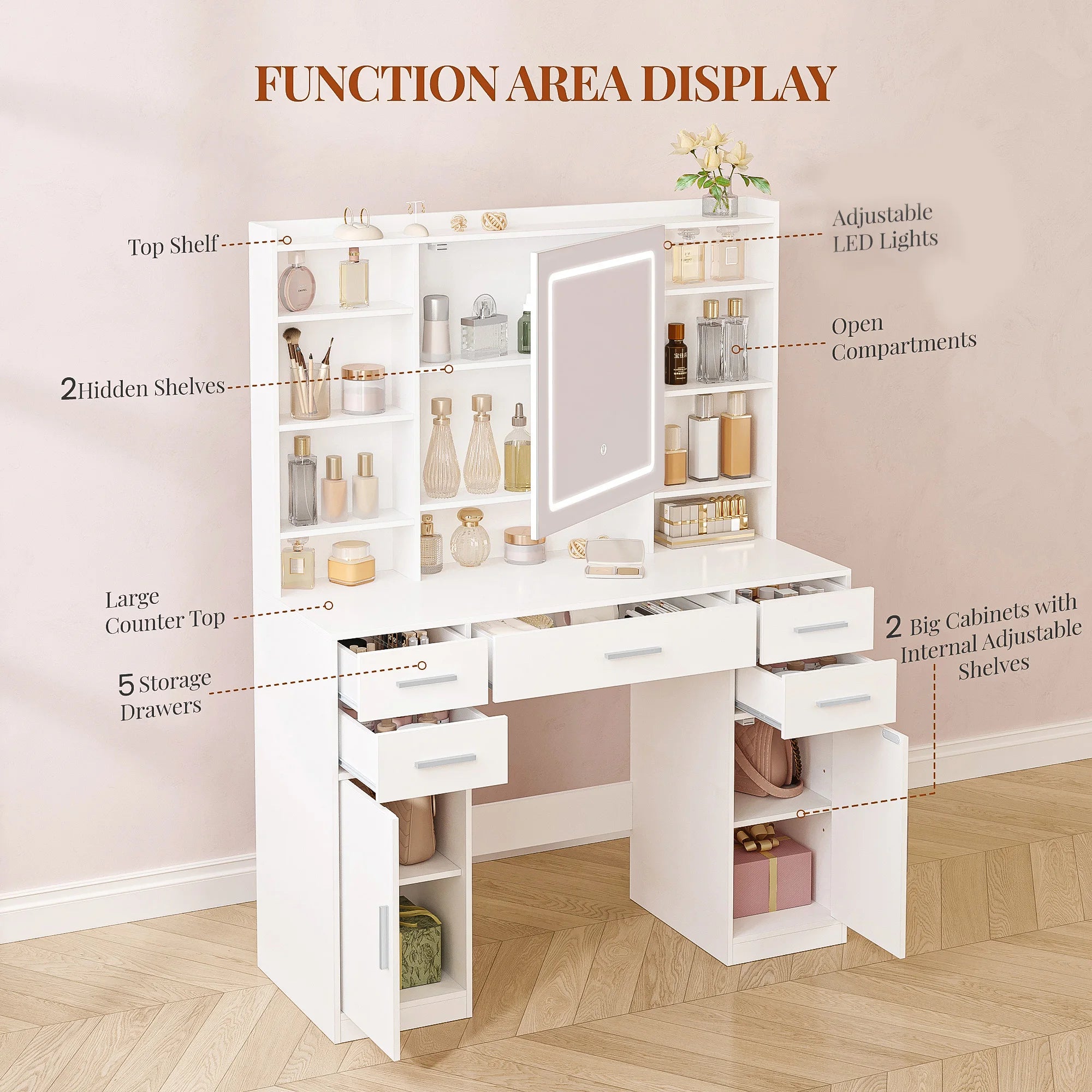 Kaptafel met Spiegel – Moderne Make‑Up Tafel met 5 Laden, 2 Kastjes & 9 Open Vakken