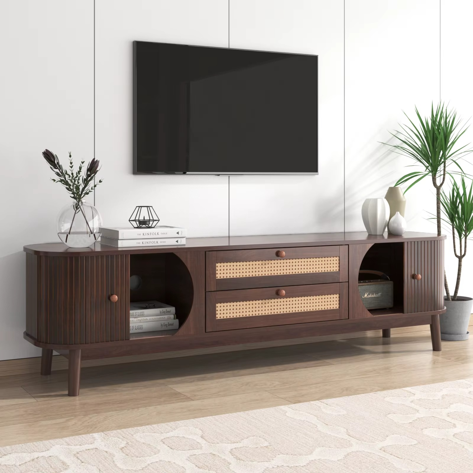 Houten TV Kast Landelijk met Rotan Lades en Deuren – Massief Hout TV Meubel Walnootkleur