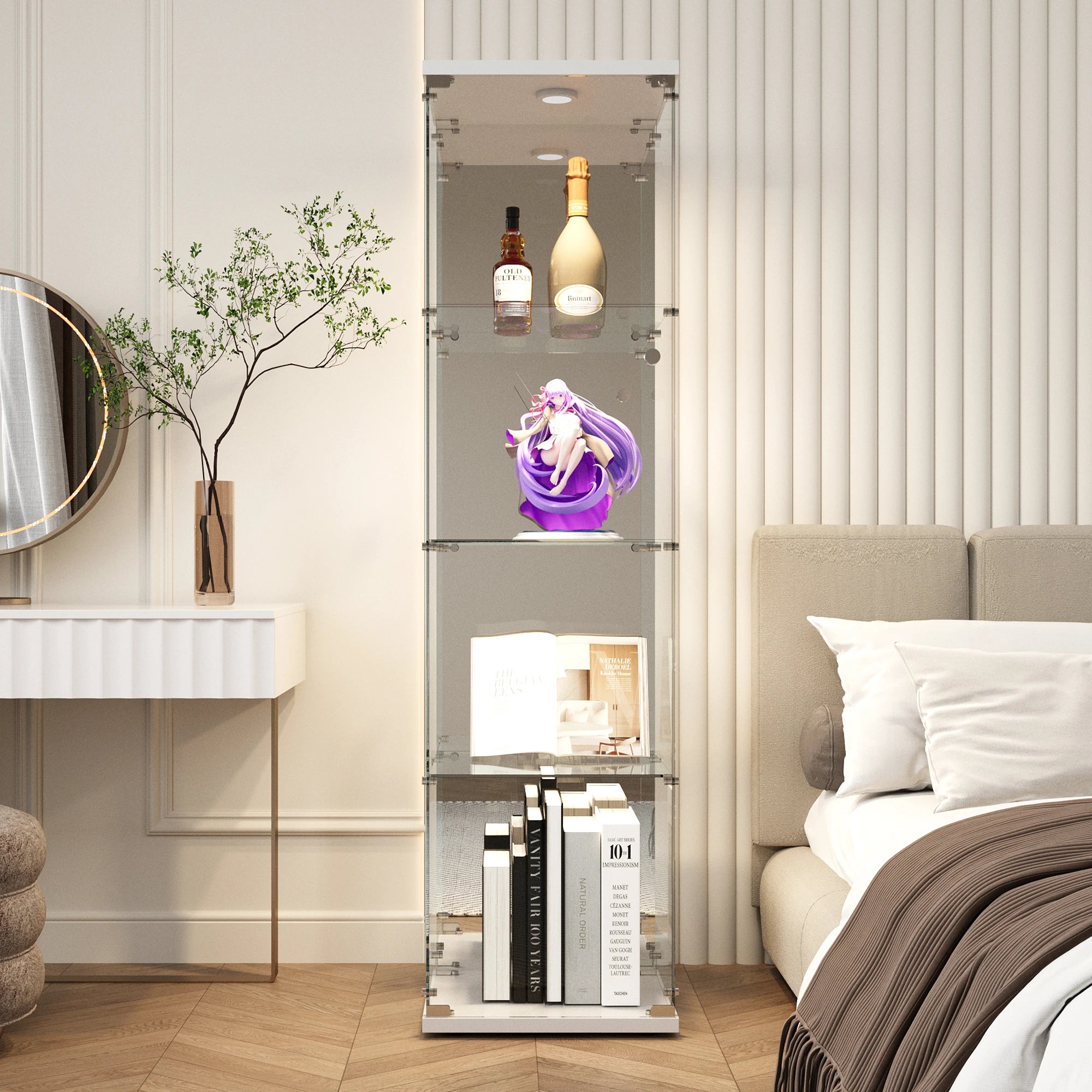 Staande LED Vitrinekast met 4 Niveaus – Moderne Displaykast voor Woonkamer & Slaapkamer