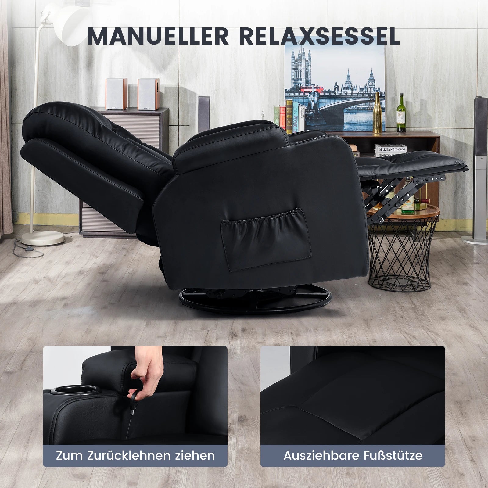 Luxe Relaxfauteuil 360° Draaibaar – Verstelbare TV Stoel met Voetsteun en Kunstleren Bekleding