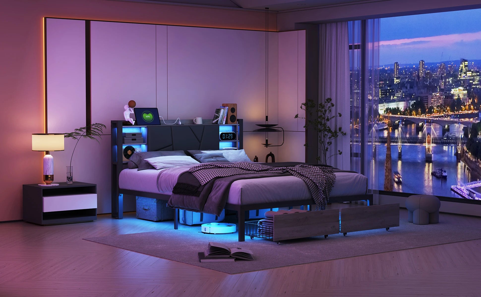 Gestoffeerd Tweepersoonsbed met Lade‑Opbergruimte, LED‑Verlichting en USB‑Oplaadpoort – 140/160/180 × 200 cm