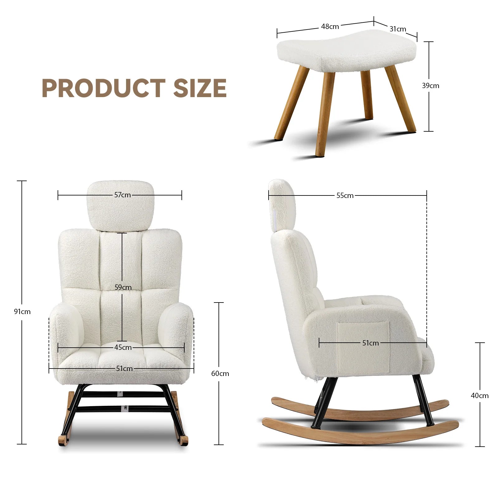 Schommelstoel Teddy – Rocking Chair met Armleuningen en Hoofdsteun – Zachte Fauteuil Beige