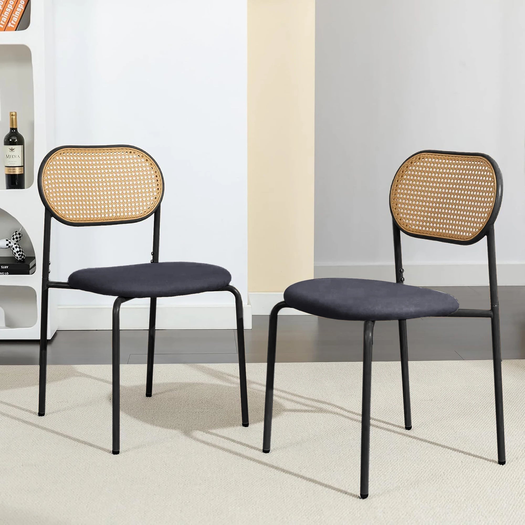 Retro Eetkamerstoelen Set van 2 met Rieten Rugleuning – Comfortabele Gestoffeerde Zitting, Stevig IJzeren Frame, Antislipvoetjes – Voor Keuken, Eetkamer & Terras