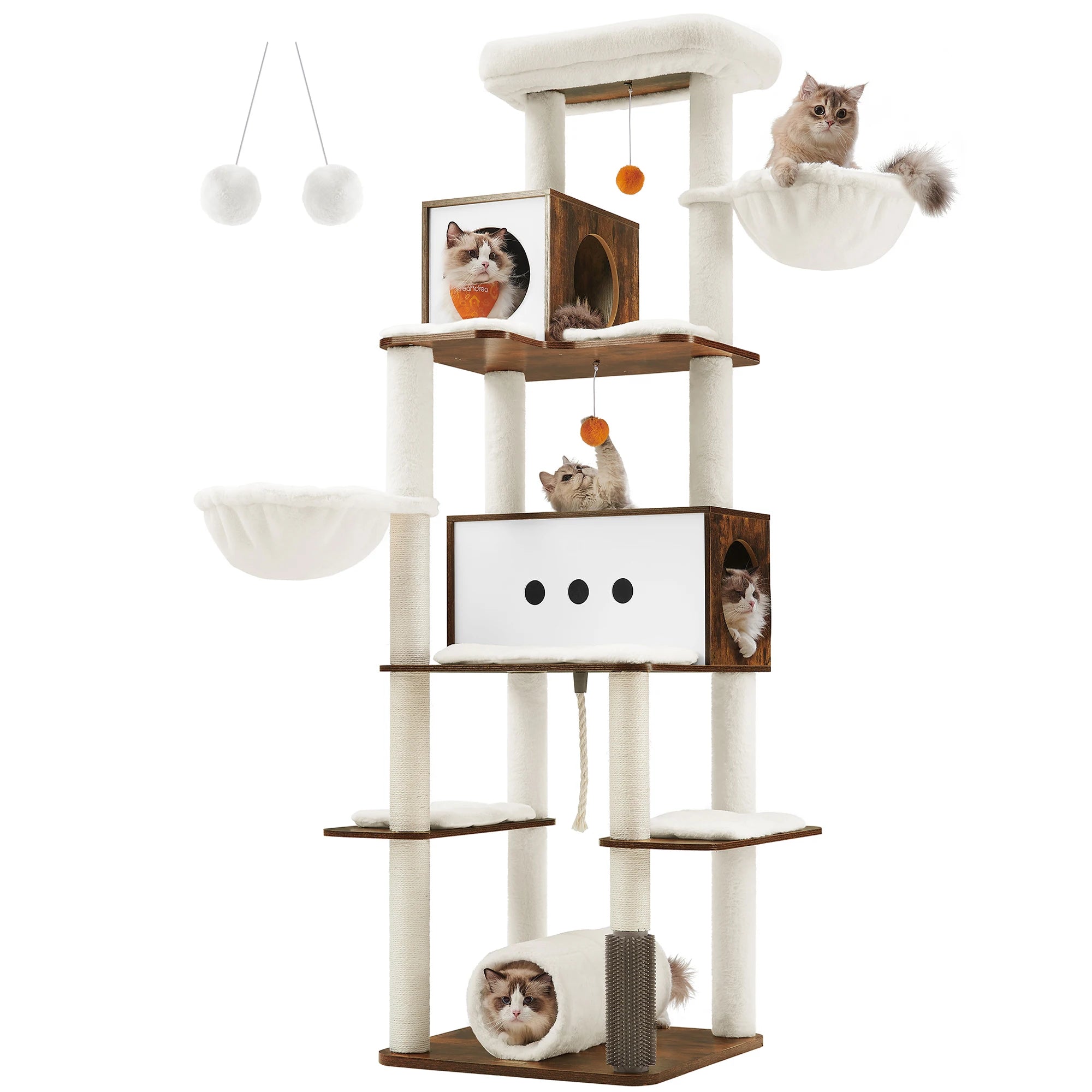 XXL Kattenkrabpaal 197 cm – Grote Kattenboom met 2 Huisjes, Ligplaatsen en Speelgoed – Moderne Krabpaal voor Meerdere Katten