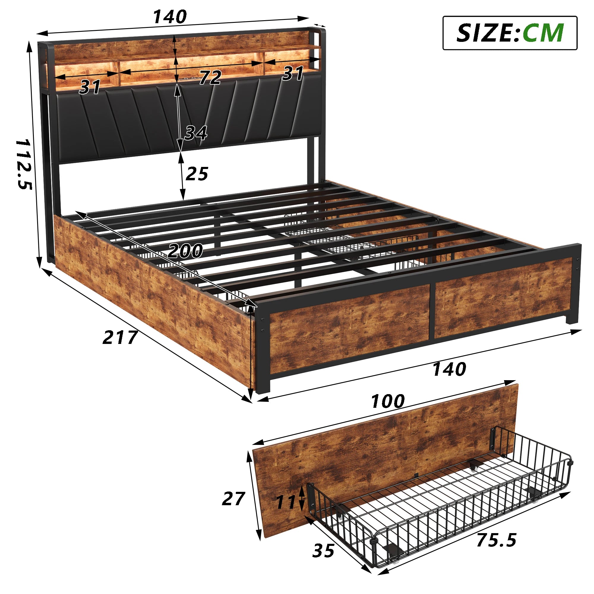 Tweepersoonsbedframe met LED‑verlichting en opbergruimte – 140‑180×200 cm