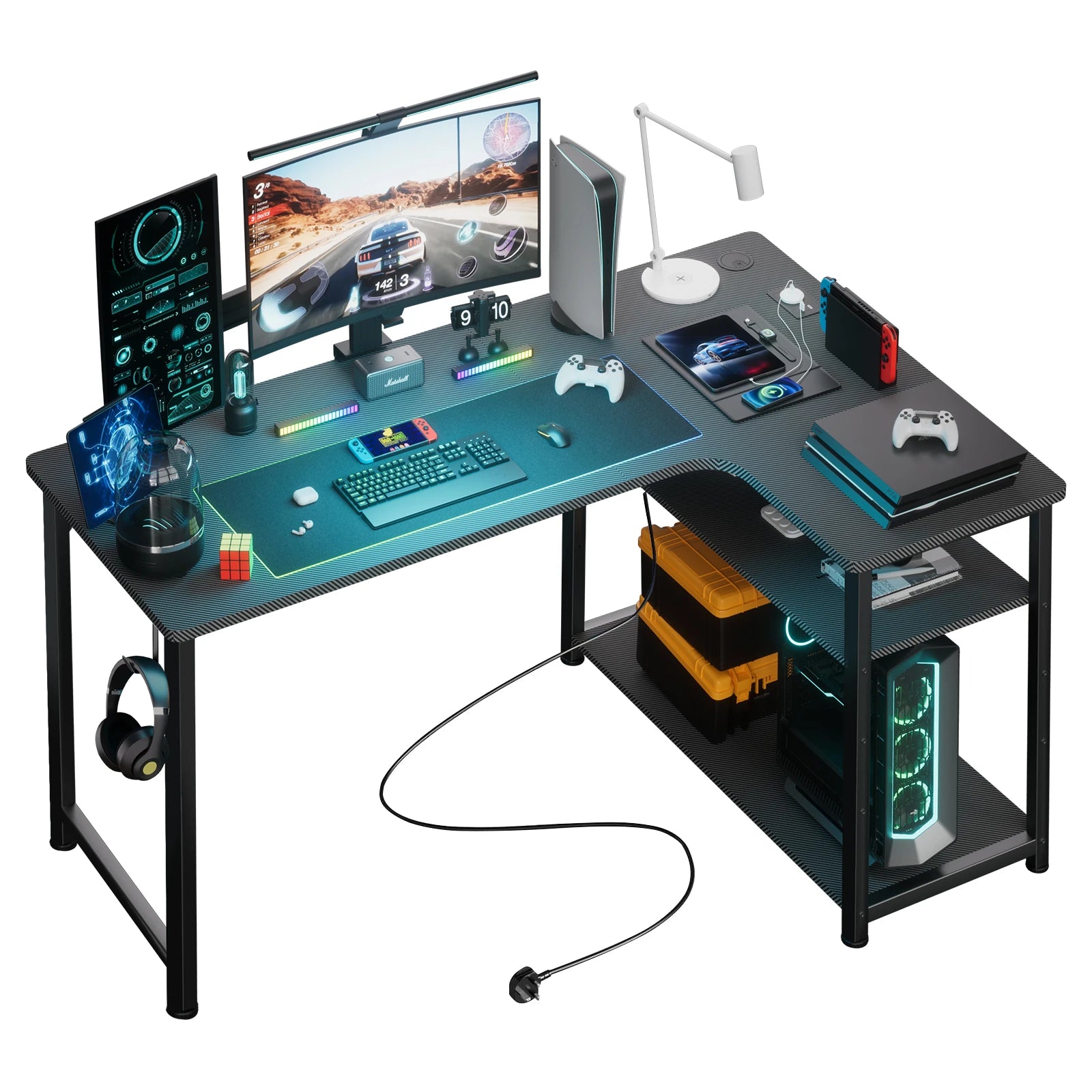 Gaming Bureau L-Vorm 120 cm met USB & Stopcontact – Hoekbureau met Opbergplanken – Water- & Krasbestendig