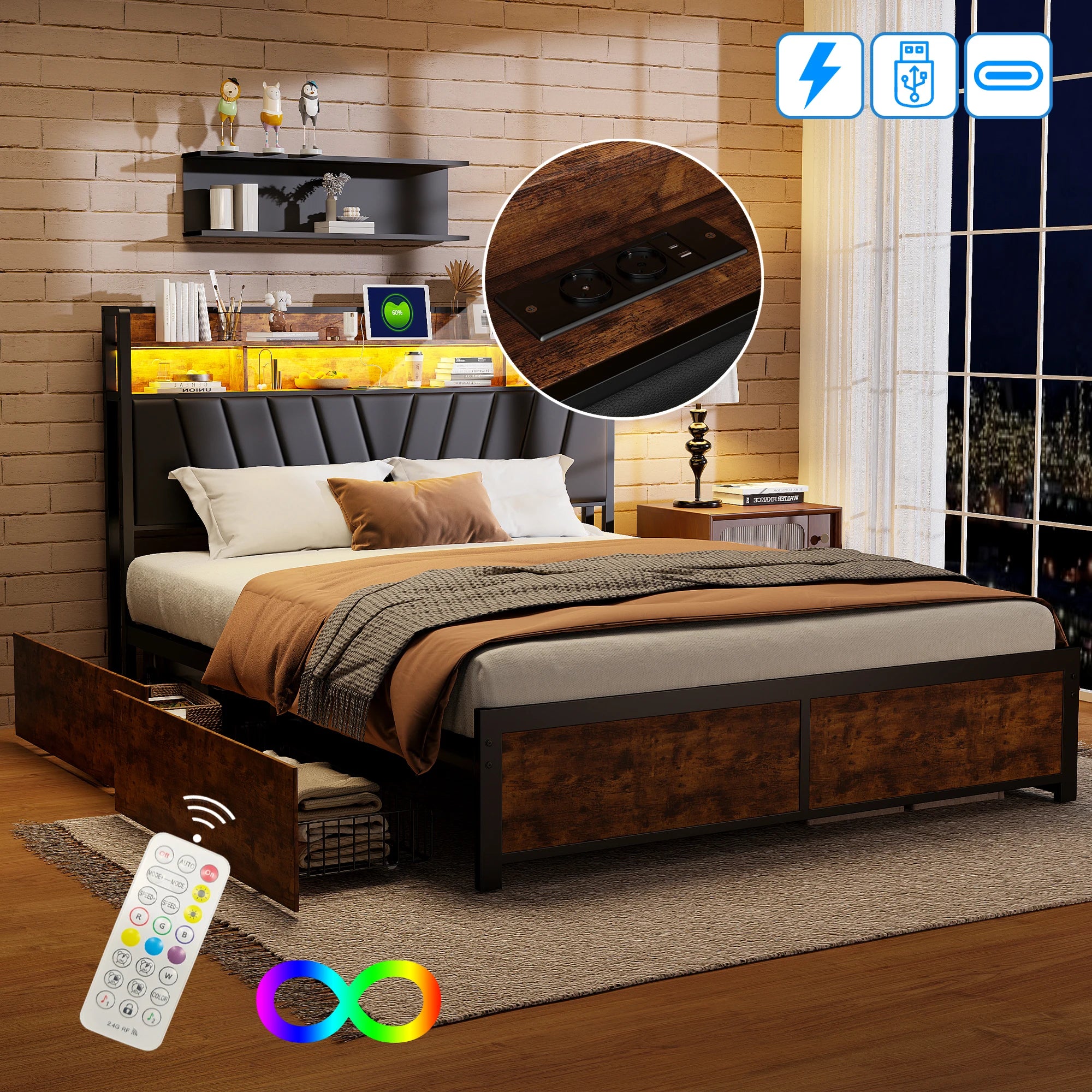 Tweepersoonsbedframe met LED‑verlichting en opbergruimte – 140‑180×200 cm