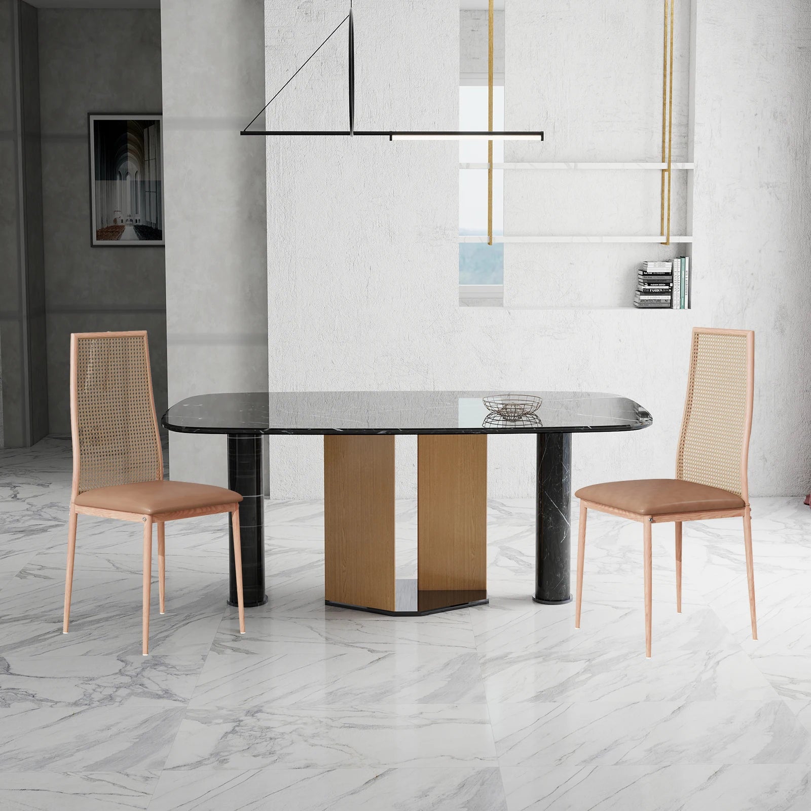 Retro Eetkamerstoelen Set van 2 met Rieten Rugleuning – Comfortabele Gestoffeerde Zitting, Stevig IJzeren Frame, Antislipvoetjes – Voor Keuken, Eetkamer & Terras