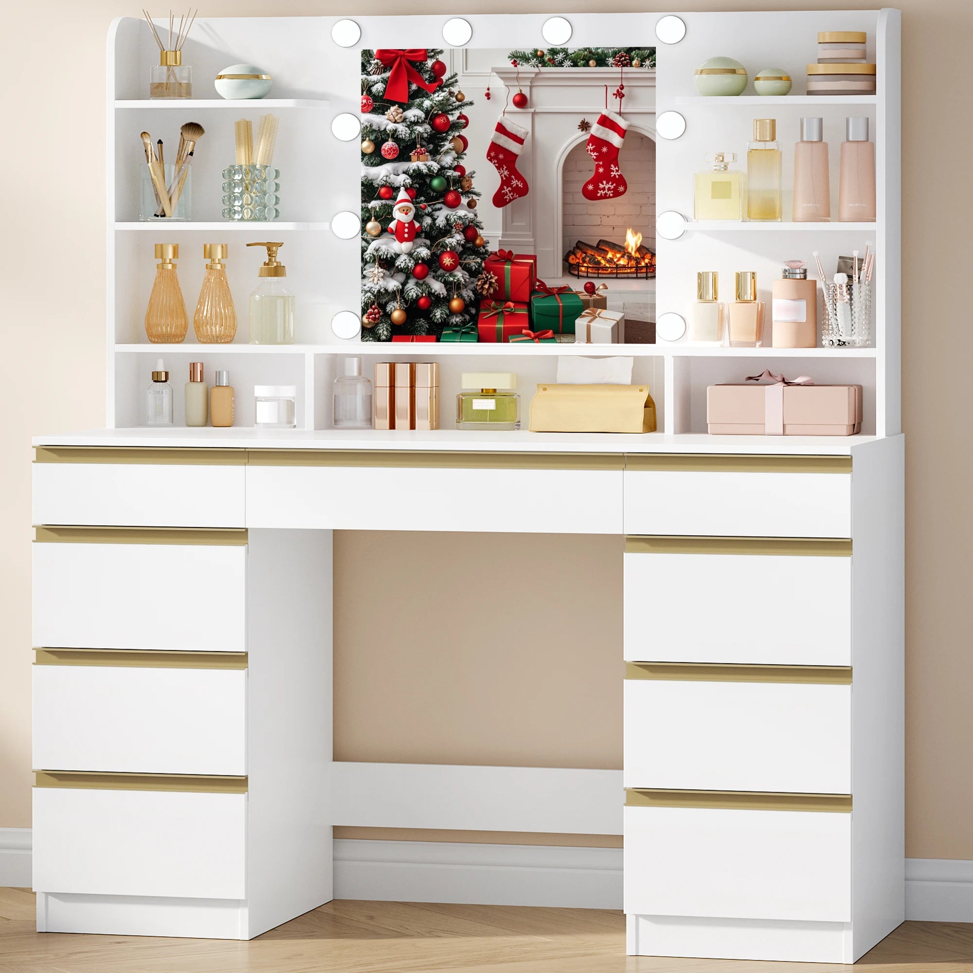 Kaptafel met LED Verlichting en Spiegel – Moderne Make-up Tafel met 10 Lampen, 9 Laden en Opbergruimte – Wit Goud Design