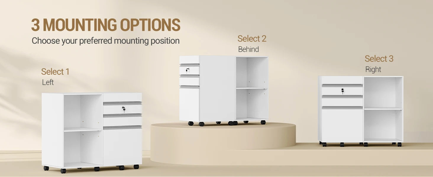 Mobiele 3‑Laden Archiefkast onder Bureau – Rolcontainer met Slot voor Kantoor en Thuis