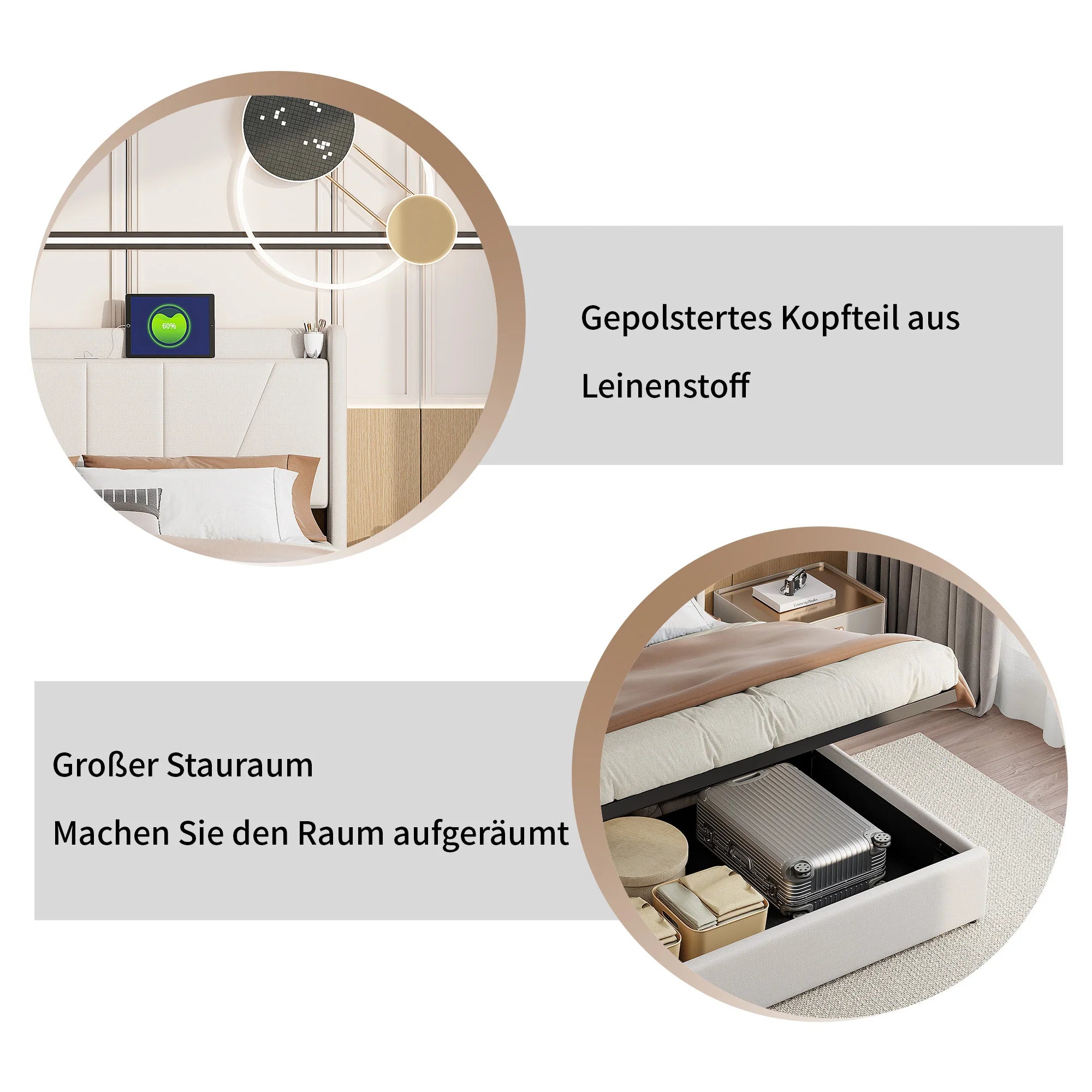 Tweepersoonsbed met Opbergruimte en USB‑Aansluiting – 140/160×200 cm – Gestoffeerd Bedframe
