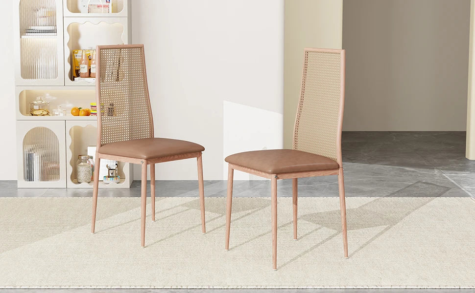 Retro Eetkamerstoelen Set van 2 met Rieten Rugleuning – Comfortabele Gestoffeerde Zitting, Stevig IJzeren Frame, Antislipvoetjes – Voor Keuken, Eetkamer & Terras