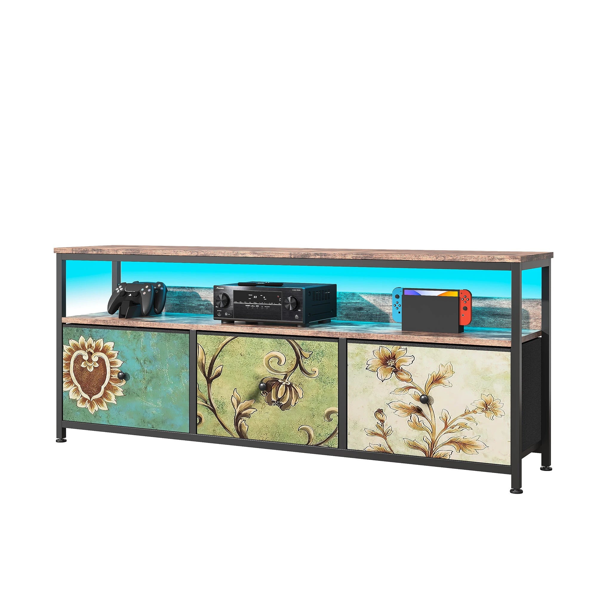 Vintage LED TV‑Meubel met 3 Stoffen Lades – Industrieel & Retro Design