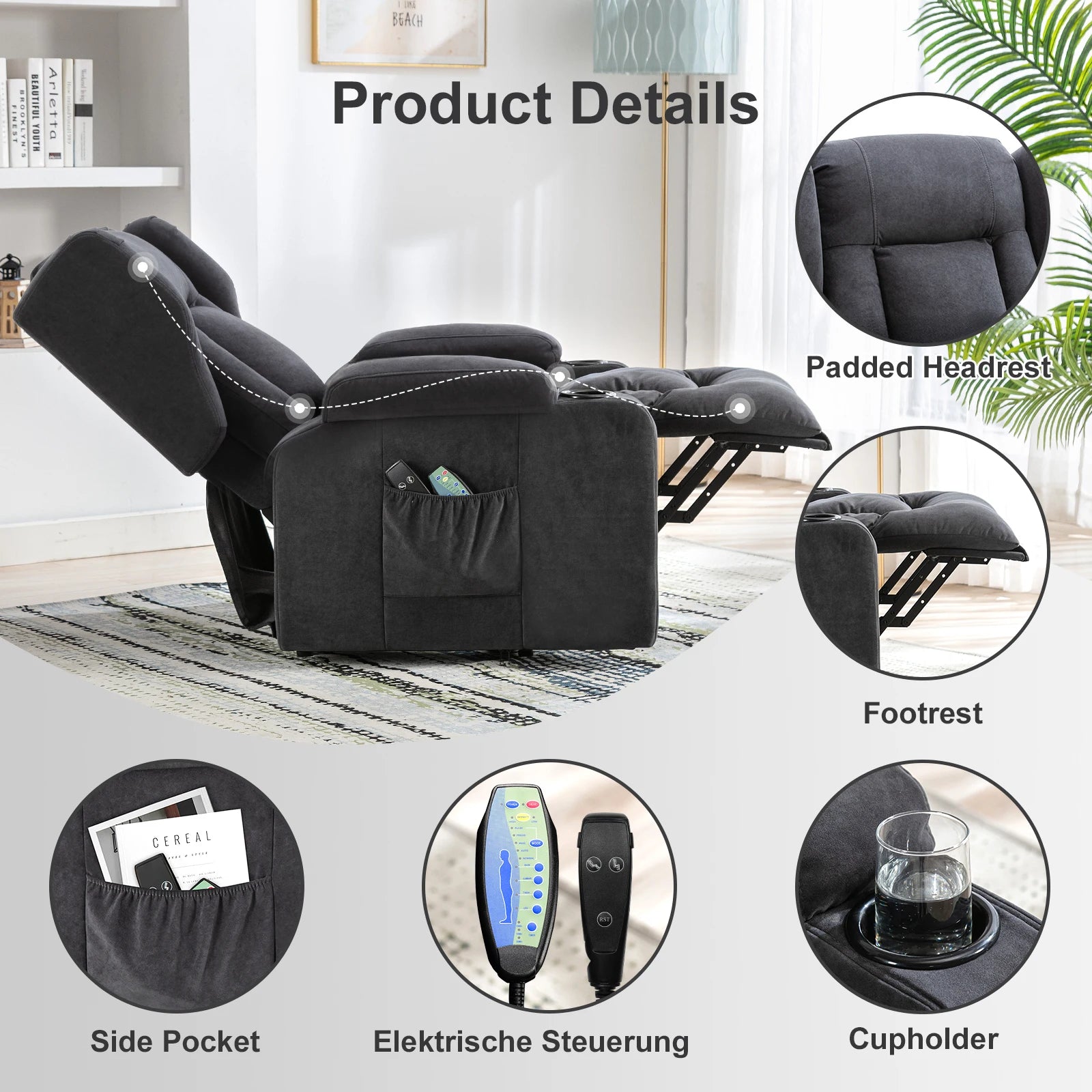 Elektrische Relaxfauteuil met Sta-op-Hulp, Massagefunctie & Stoffen Bekleding – TV‑stoel voor Woonkamer