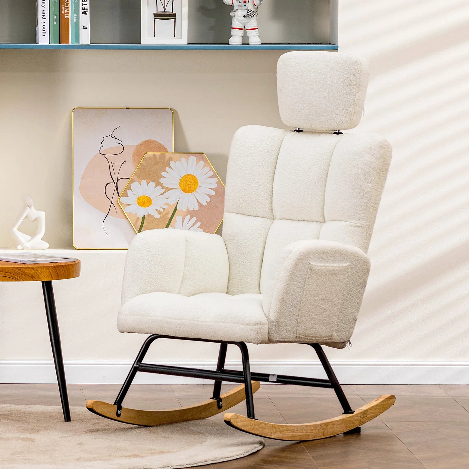 Schommelstoel Teddy – Rocking Chair met Armleuningen en Hoofdsteun – Zachte Fauteuil Beige