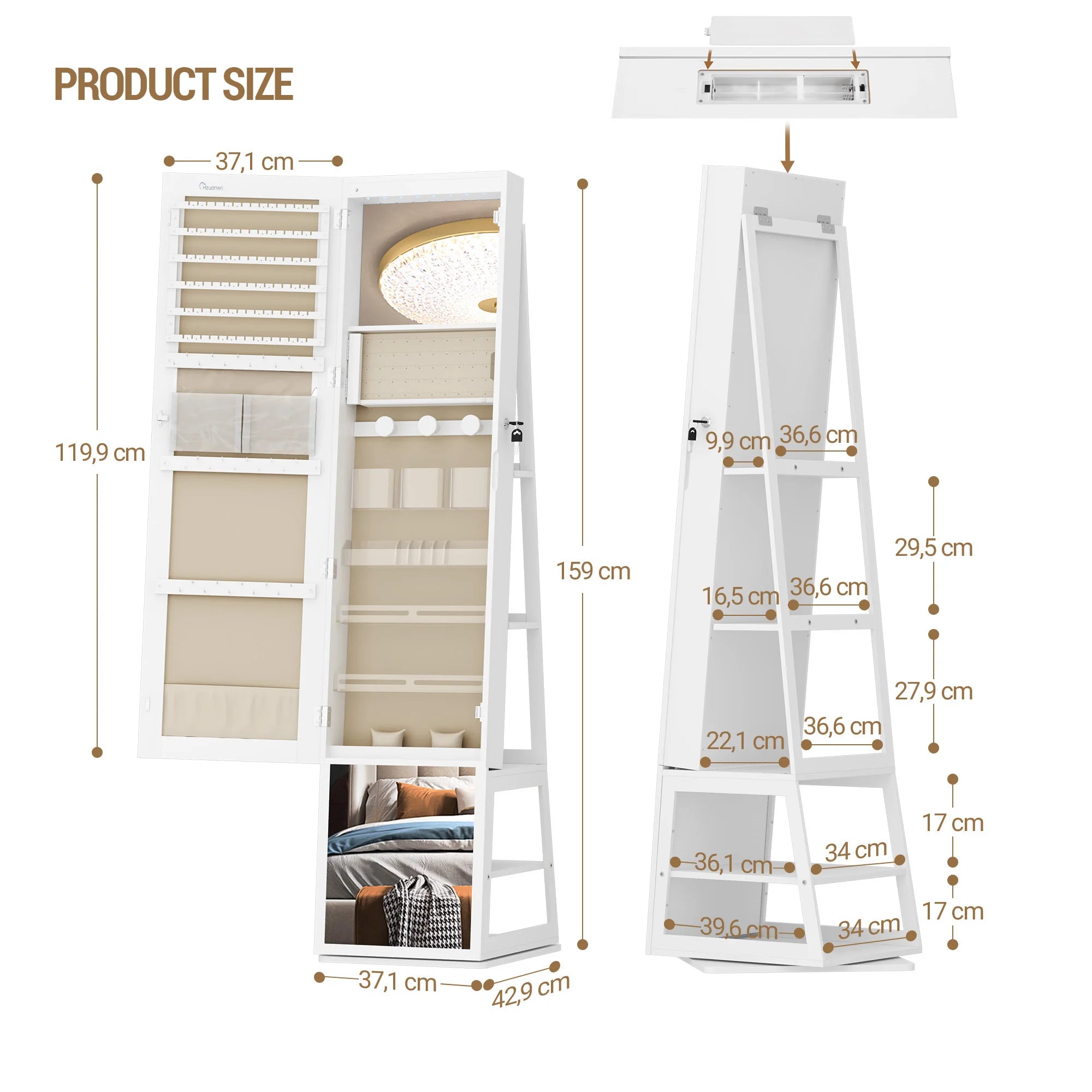 Sieradenkast met Spiegel 360° Draaibaar – Staande Sieraden Organizer met LED Verlichting & Opbergruimte