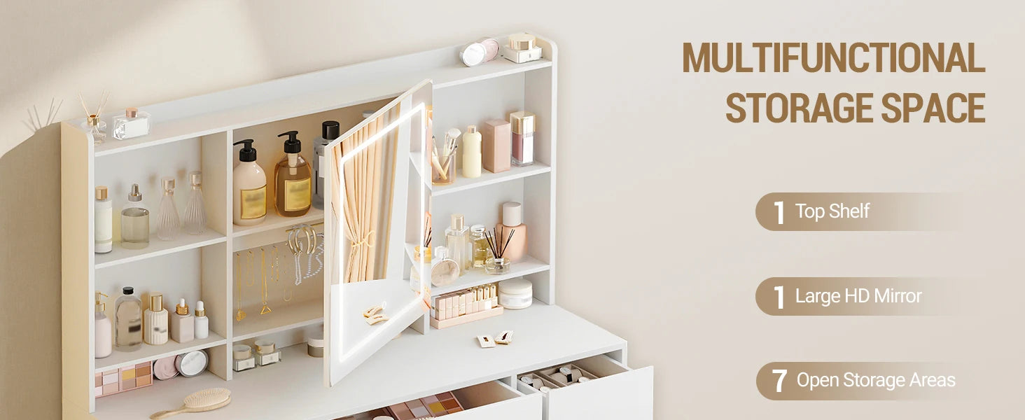 Grote Kaptafel met LED‑Spiegel en Verstelbare Verlichting – 7 Laden & 4 Open Planken – Moderne Make‑Up Tafel voor Slaapkamer