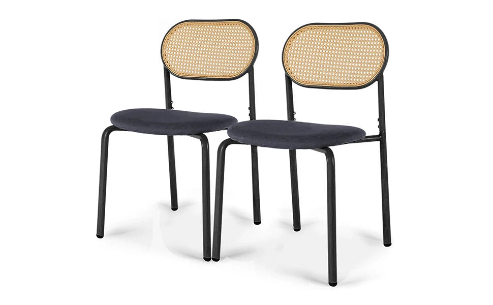 Retro Eetkamerstoelen Set van 2 met Rieten Rugleuning – Comfortabele Gestoffeerde Zitting, Stevig IJzeren Frame, Antislipvoetjes – Voor Keuken, Eetkamer & Terras