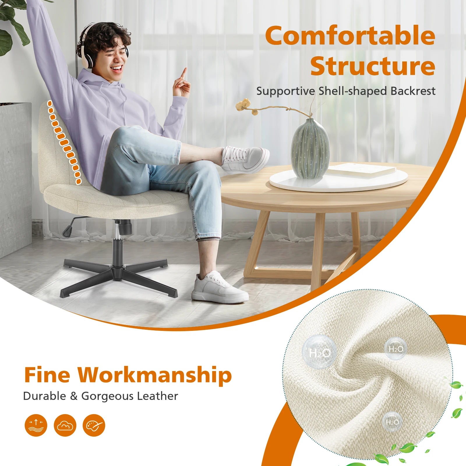 Brede verstelbare armloze draaistoel voor kantoor, woonkamer, gaming & bureau – comfortabele stof – 360° swivel