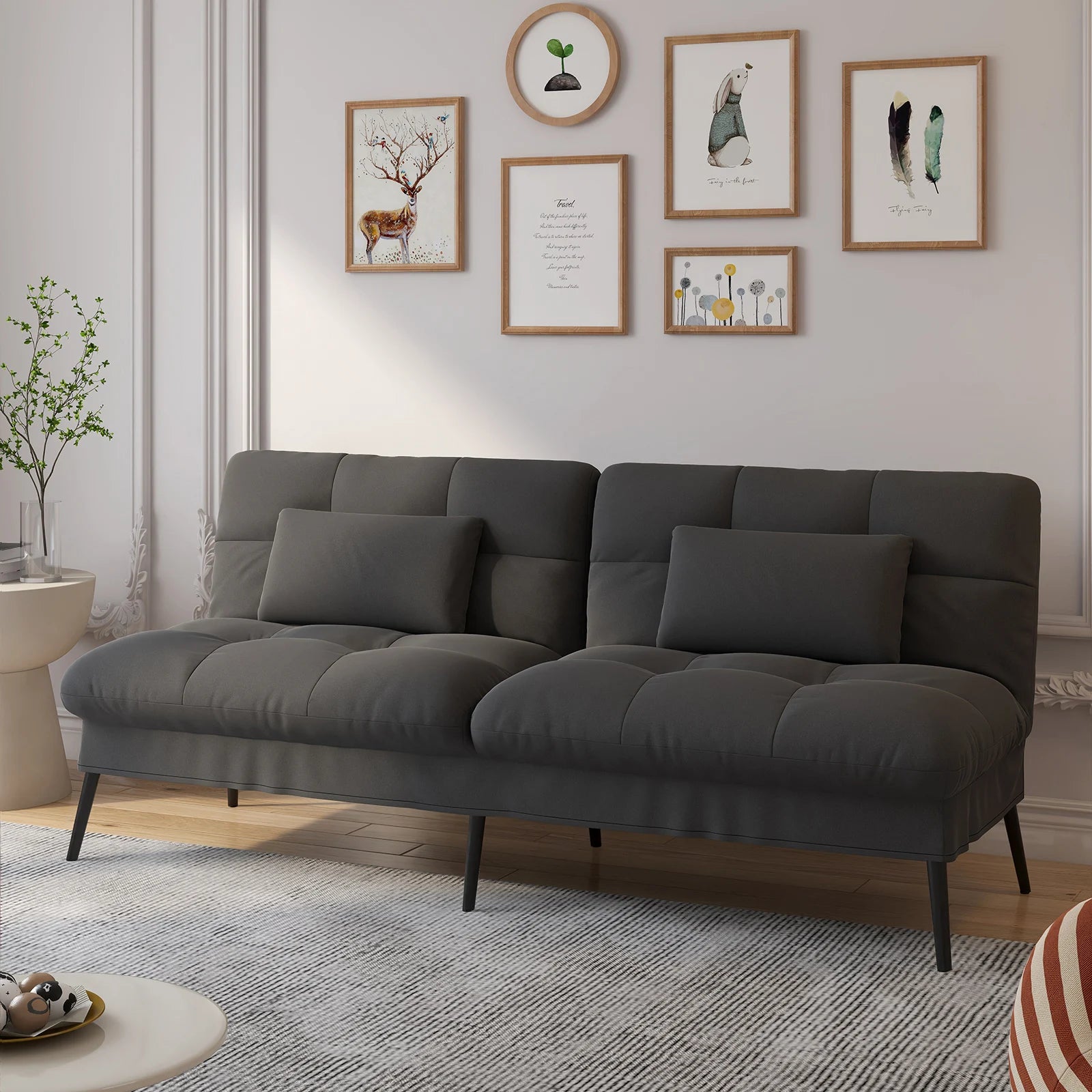 3-Zits Opvouwbare Slaapbank – Futon Hoekbank met Verstelbare Rugleuning – Grijs Stoffen Sofa Bed