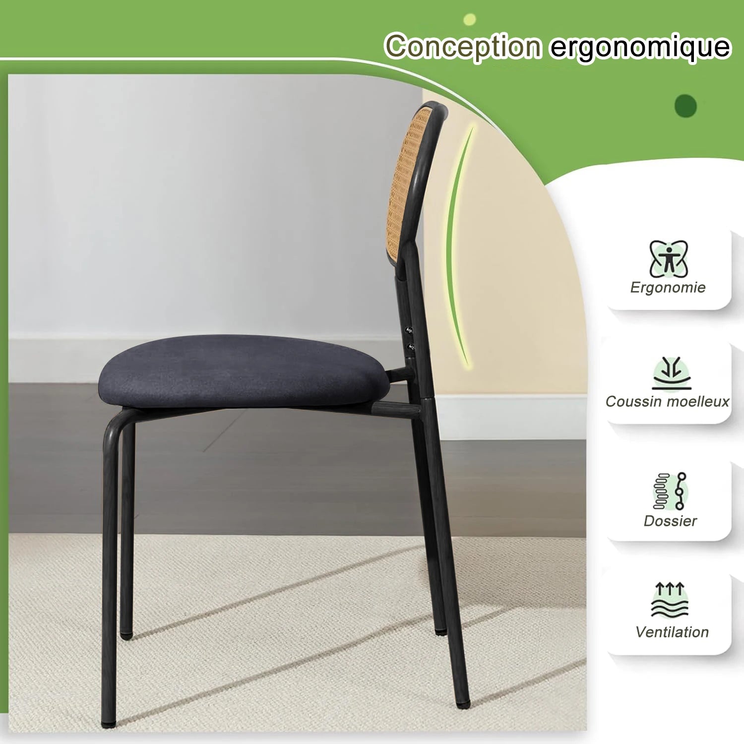 Retro Eetkamerstoelen Set van 2 met Rieten Rugleuning – Comfortabele Gestoffeerde Zitting, Stevig IJzeren Frame, Antislipvoetjes – Voor Keuken, Eetkamer & Terras