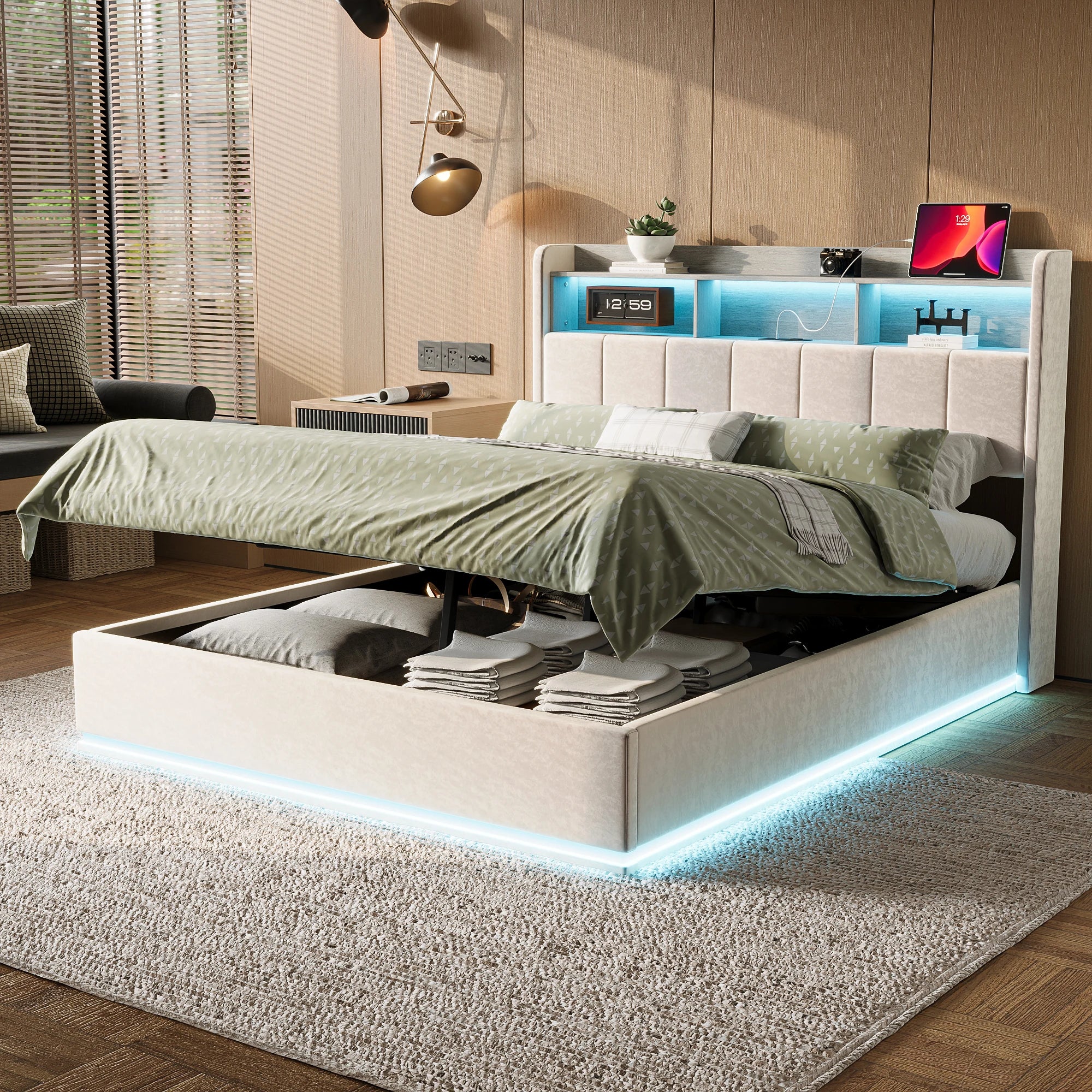 Gestoffeerd bed 140x200 cm met LED‑verlichting en hydraulische opbergruimte – modern en praktisch design