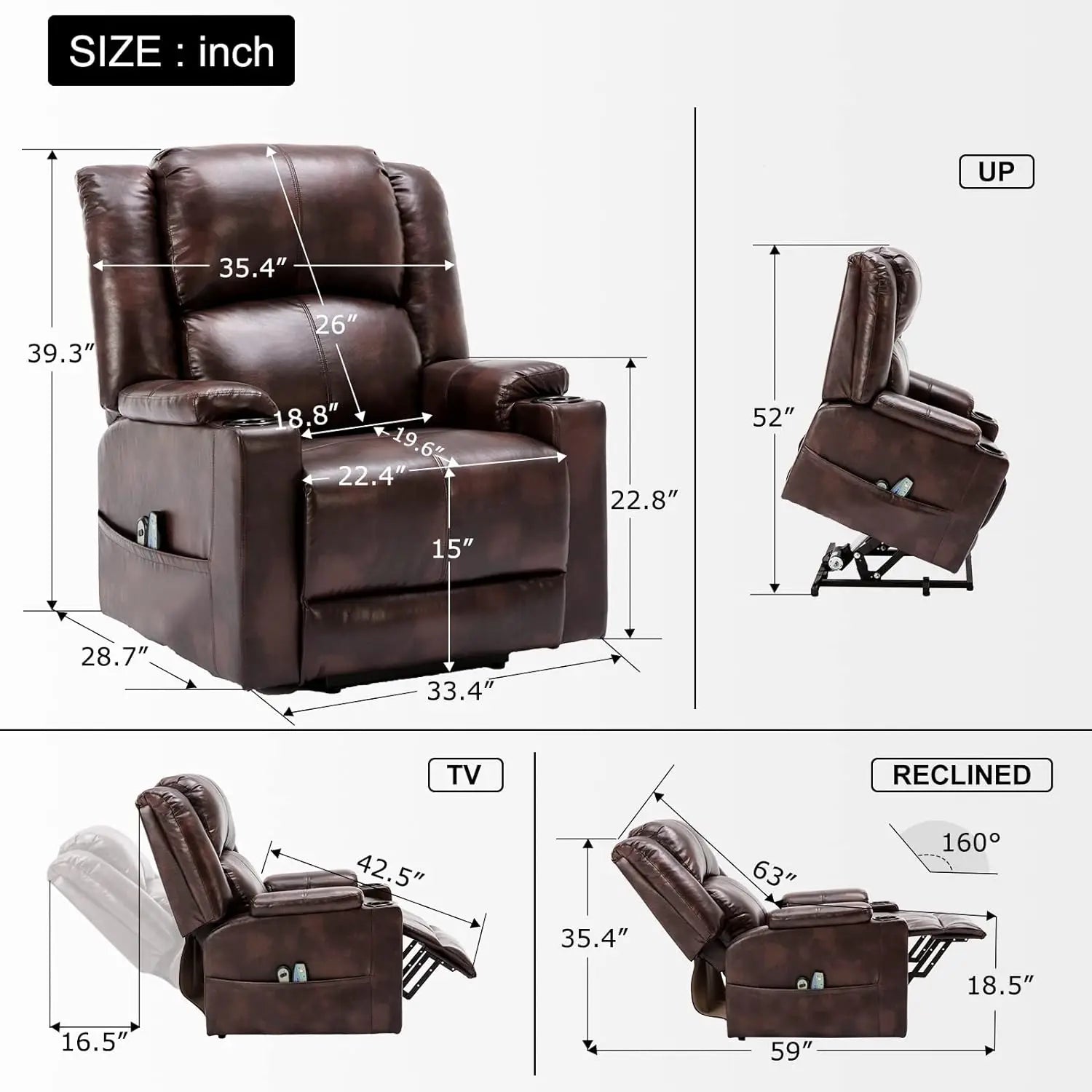 Elektrische Sta-op Relaxfauteuil met Massagefunctie – Verstelbare TV Stoel met Liftfunctie, Kunstleer & Bekerhouders
